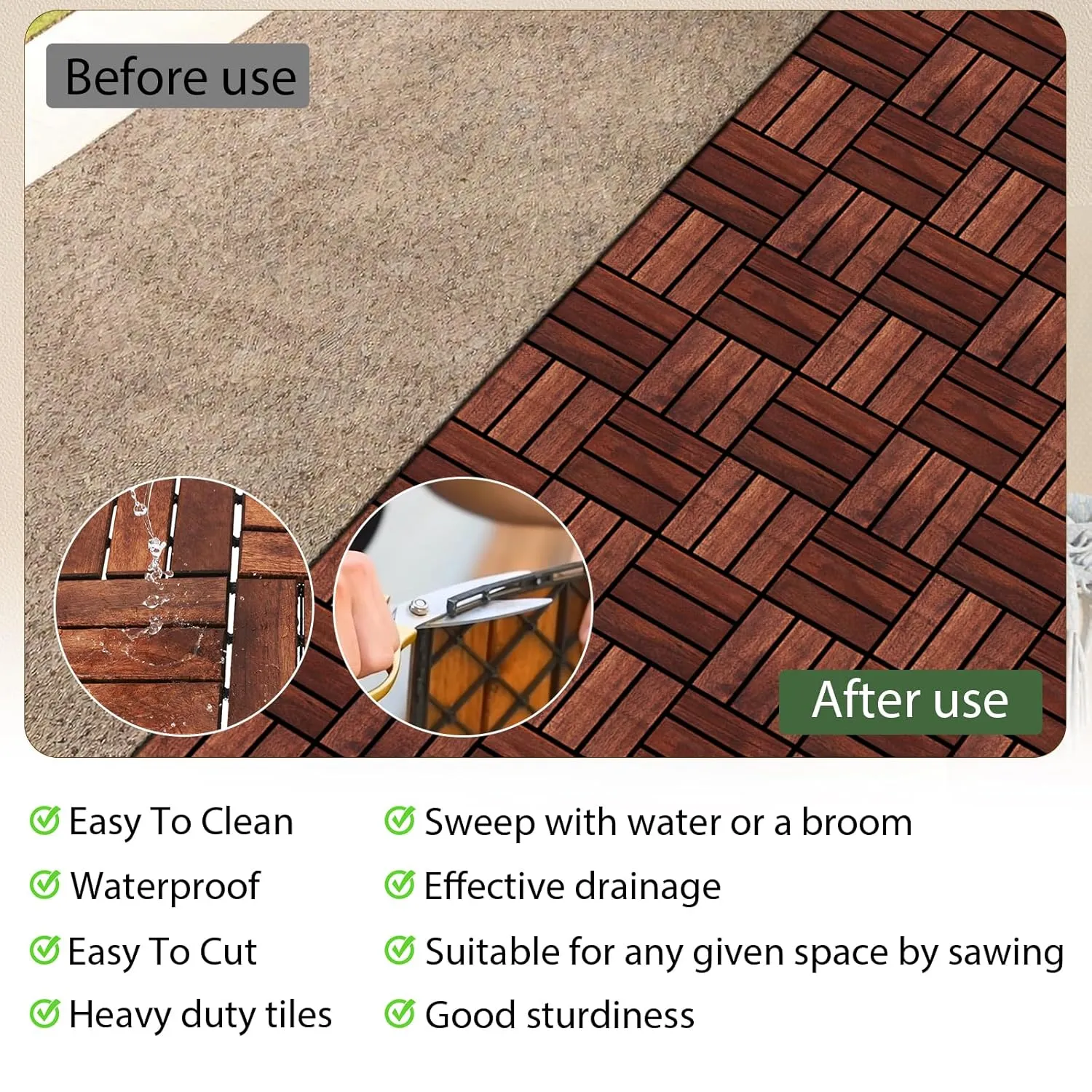Interlocking Deck Tiles, 10 Pcs All Weather Durable Patio Flooring Outdoor Waterproof with Non-Slip Safety & Efficient Drainage, 12"x12" Checkered Acacia Wood Composite Floor Mats- Brown