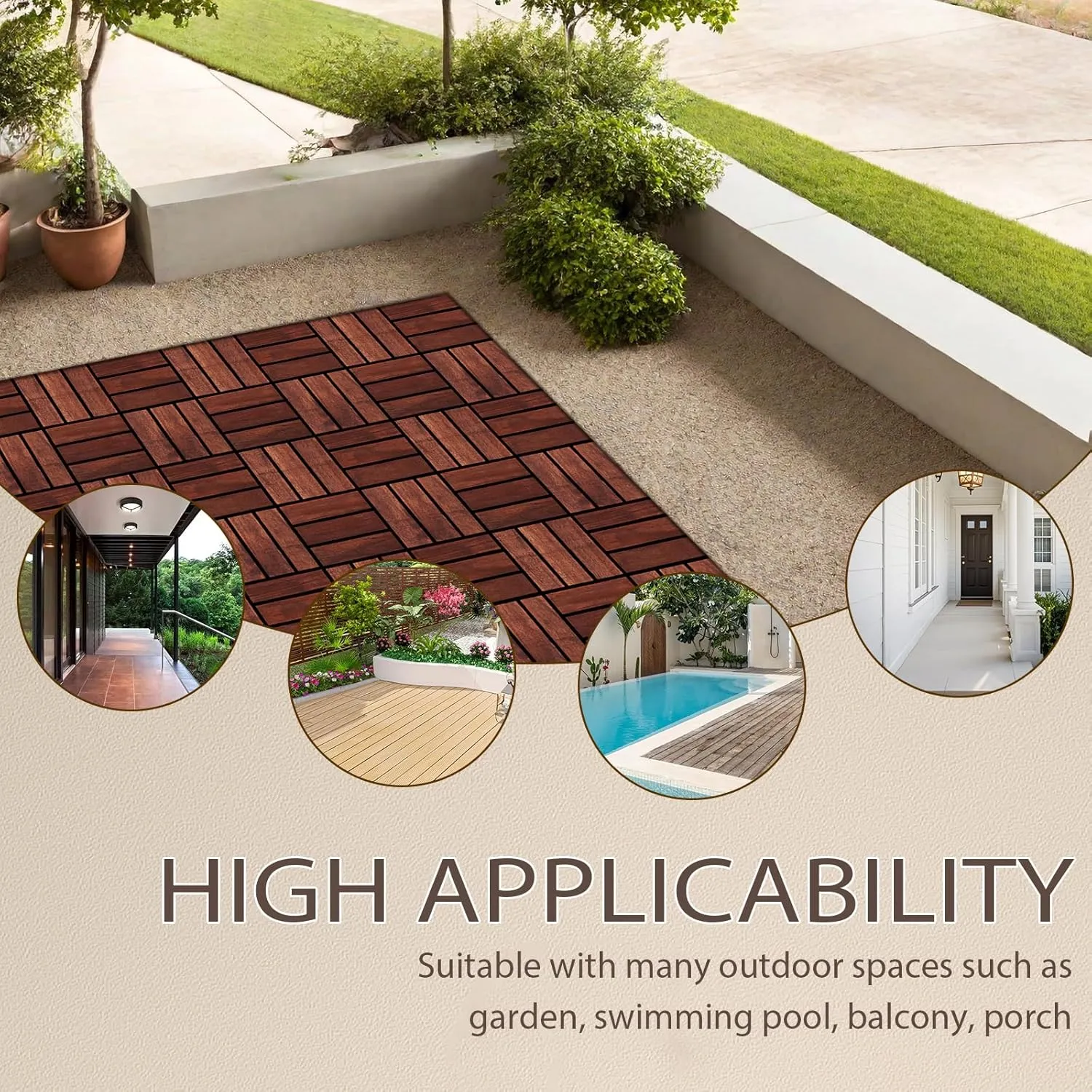 Interlocking Deck Tiles, 10 Pcs All Weather Durable Patio Flooring Outdoor Waterproof with Non-Slip Safety & Efficient Drainage, 12"x12" Checkered Acacia Wood Composite Floor Mats- Brown