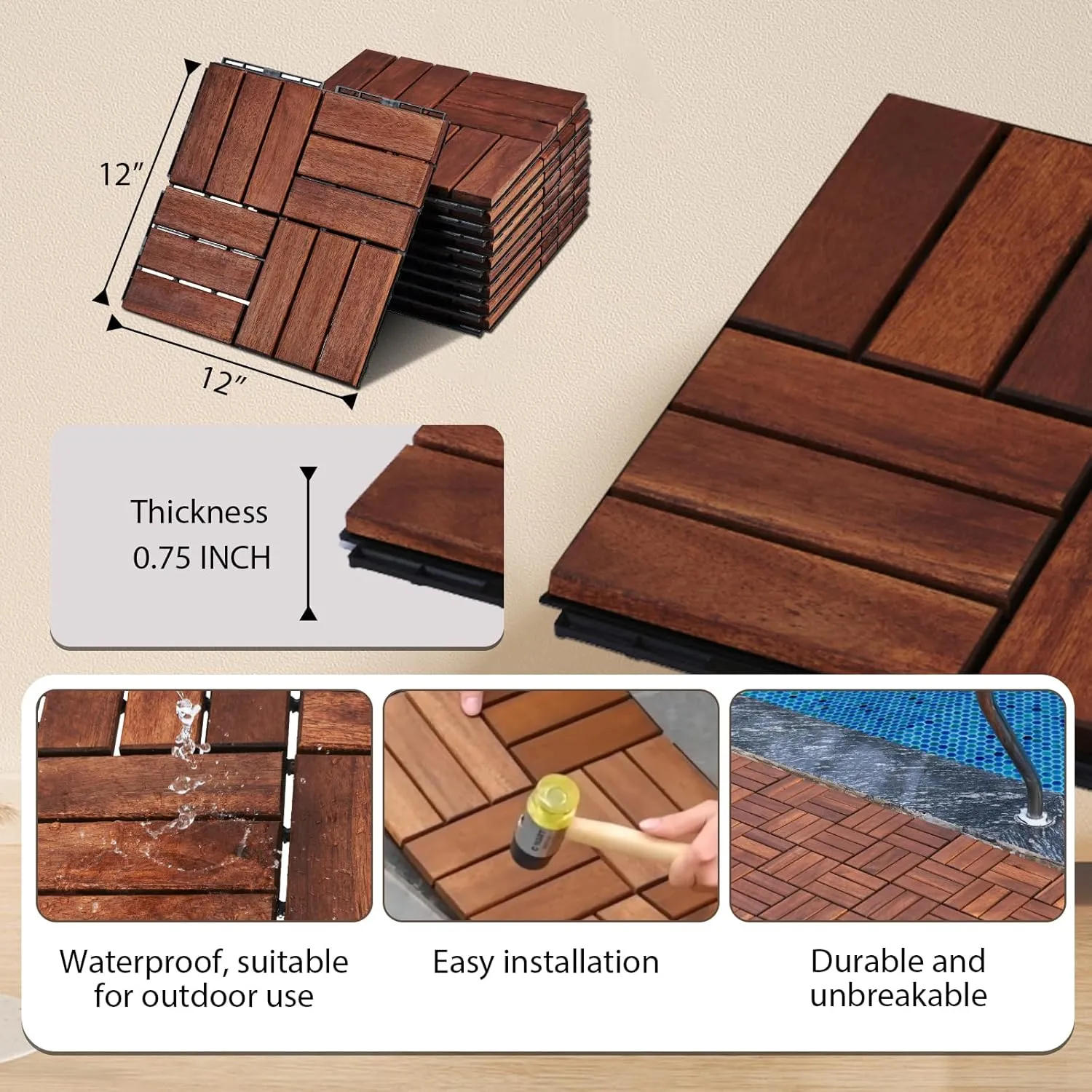 Interlocking Deck Tiles, 10 Pcs All Weather Durable Patio Flooring Outdoor Waterproof with Non-Slip Safety & Efficient Drainage, 12"x12" Checkered Acacia Wood Composite Floor Mats- Brown