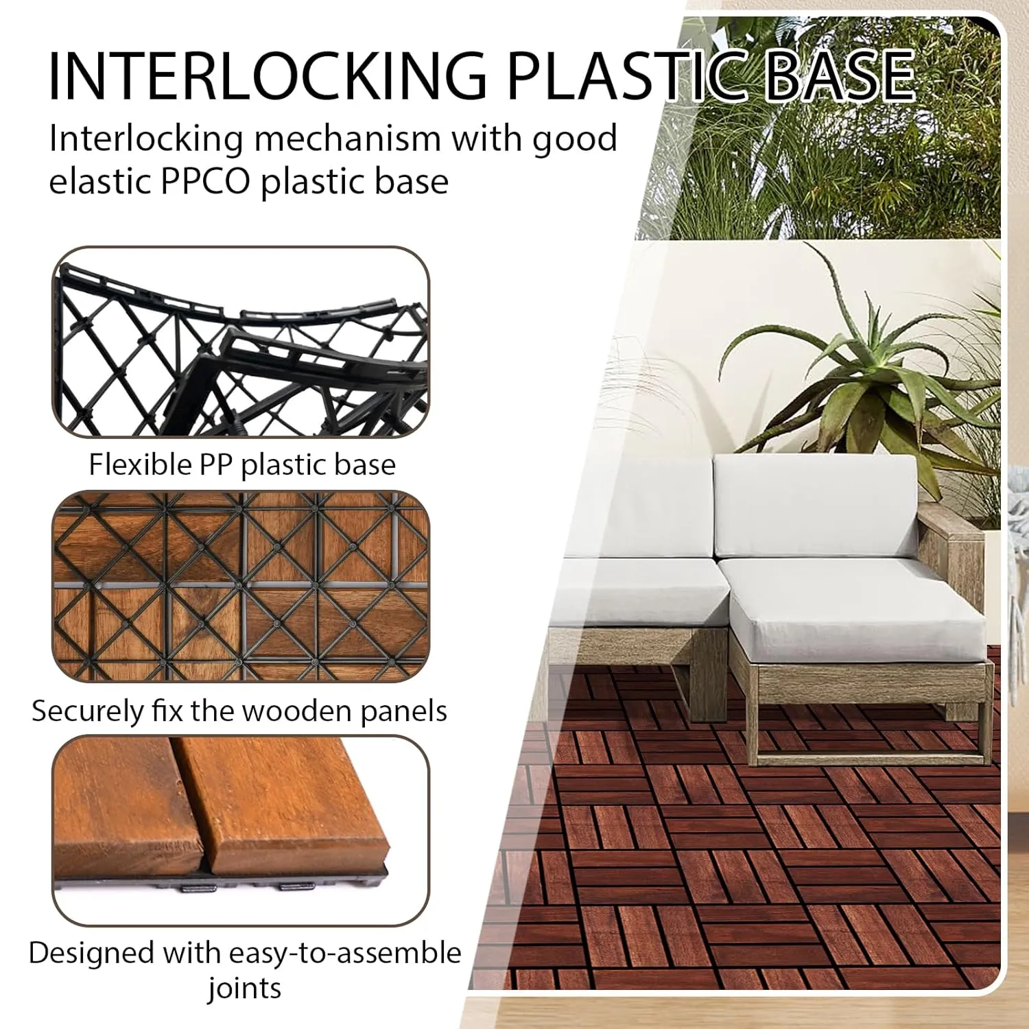 Interlocking Deck Tiles, 10 Pcs All Weather Durable Patio Flooring Outdoor Waterproof with Non-Slip Safety & Efficient Drainage, 12"x12" Checkered Acacia Wood Composite Floor Mats- Brown