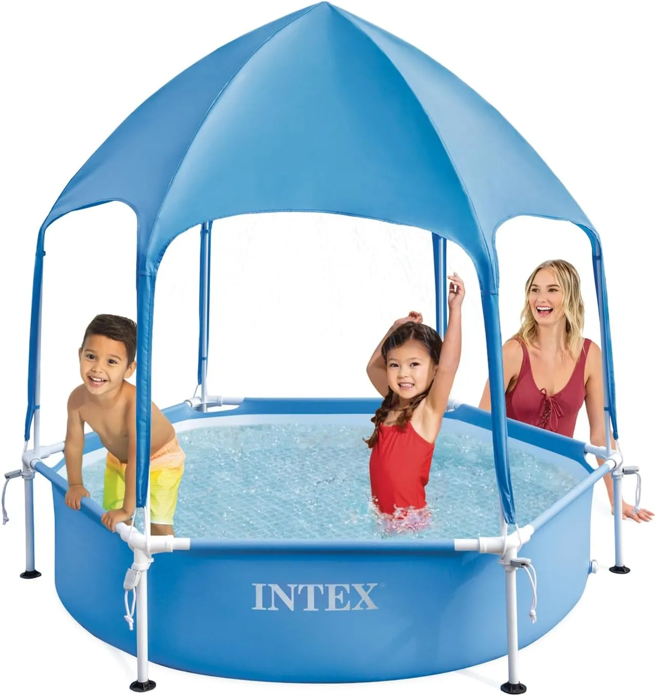 INTEX 28209EP 6ft x 15in Canopy Metal Frame Above Ground Kiddie Baby Swimming Pool with Built-in Canopy Sprayer, Puncture-Resistant Material, Easy to Assemble, 185 Gallon Capacity