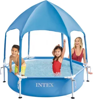 INTEX 28209EP 6ft x 15in Canopy Metal Frame Above Ground Kiddie Baby Swimming Pool with Built-in Canopy Sprayer, Puncture-Resistant Material, Easy to Assemble, 185 Gallon Capacity