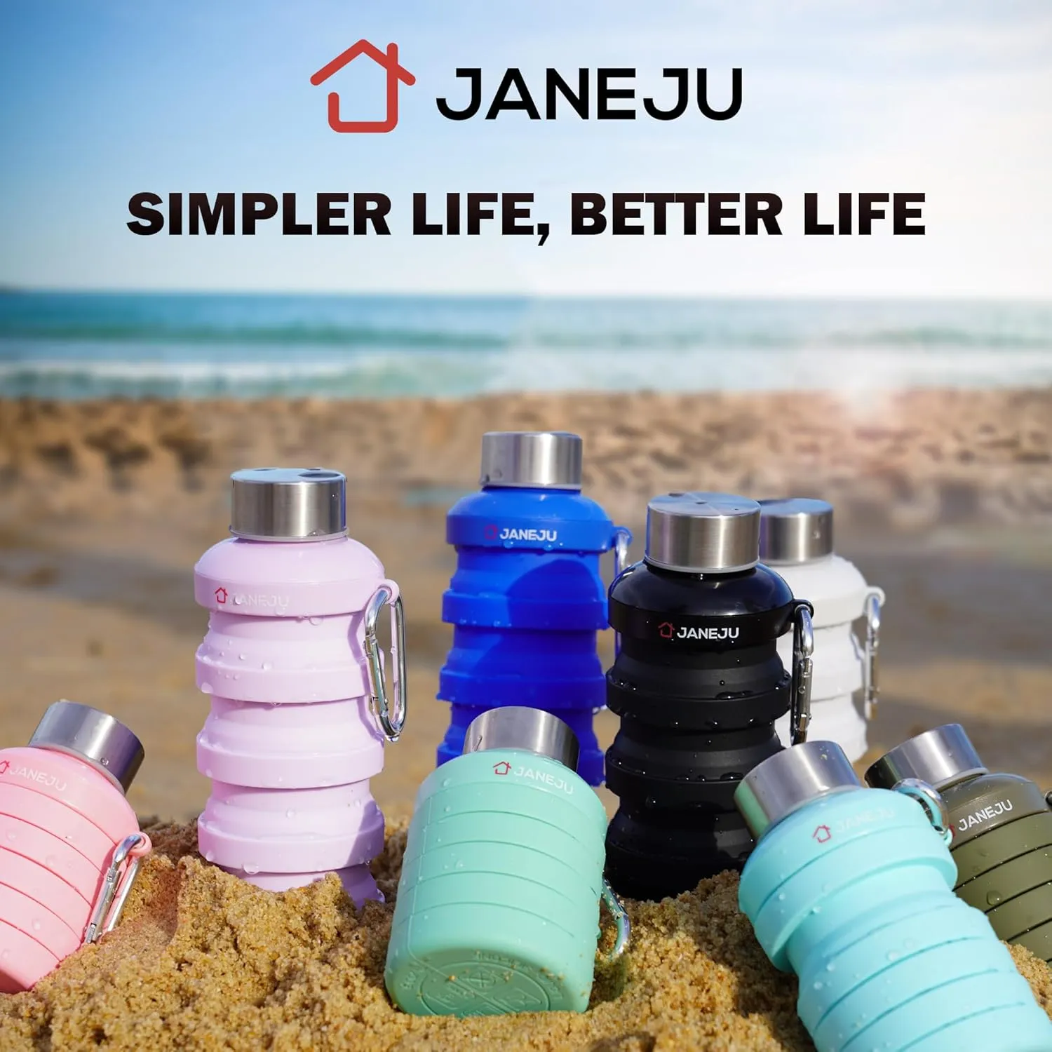 JaneJu Collapsible Water Bottle, 17oz BPA Free Silicone Reusable Portable Lightweight Foldable Water Bottles with Carabiner, Portable Leak Proof Sports Water Bottle (Green)