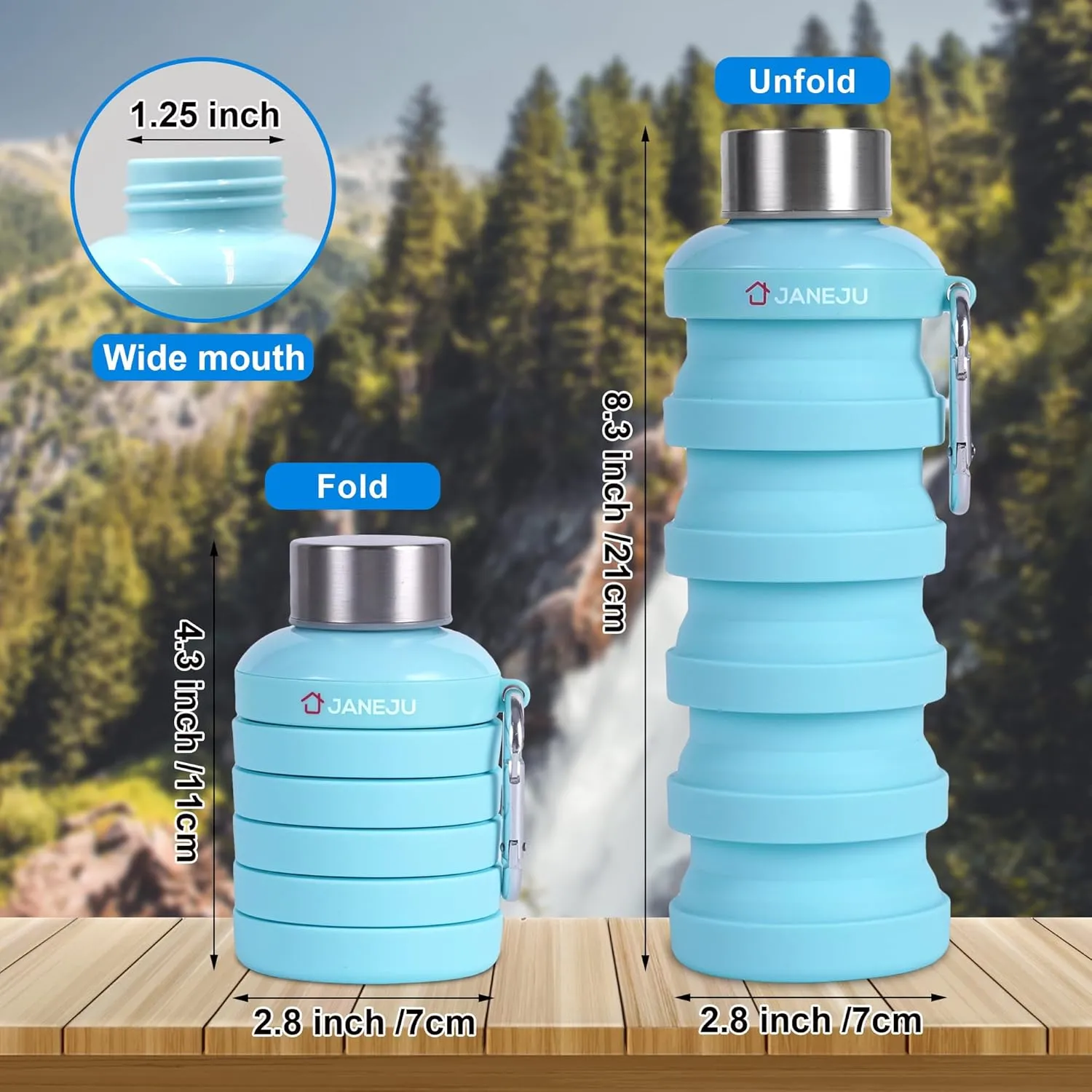 JaneJu Collapsible Water Bottle, 17oz BPA Free Silicone Reusable Portable Lightweight Foldable Water Bottles with Carabiner, Portable Leak Proof Sports Water Bottle (Green)