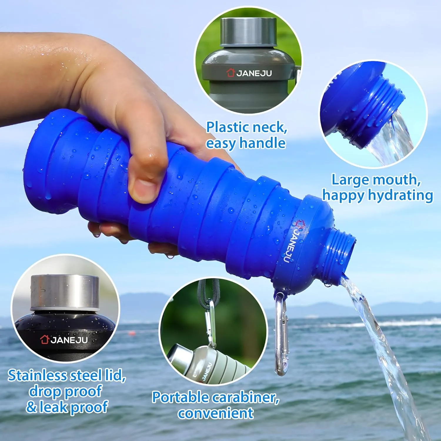 JaneJu Collapsible Water Bottle, 17oz BPA Free Silicone Reusable Portable Lightweight Foldable Water Bottles with Carabiner, Portable Leak Proof Sports Water Bottle (Green)