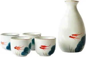 Japanese Sake Set - Porcelain Sake Tokkuri Bottle 8 fl oz and Four Sake Ochoko Cups 2 fl oz Sake Cups Soju Tea Set(Goldfish)