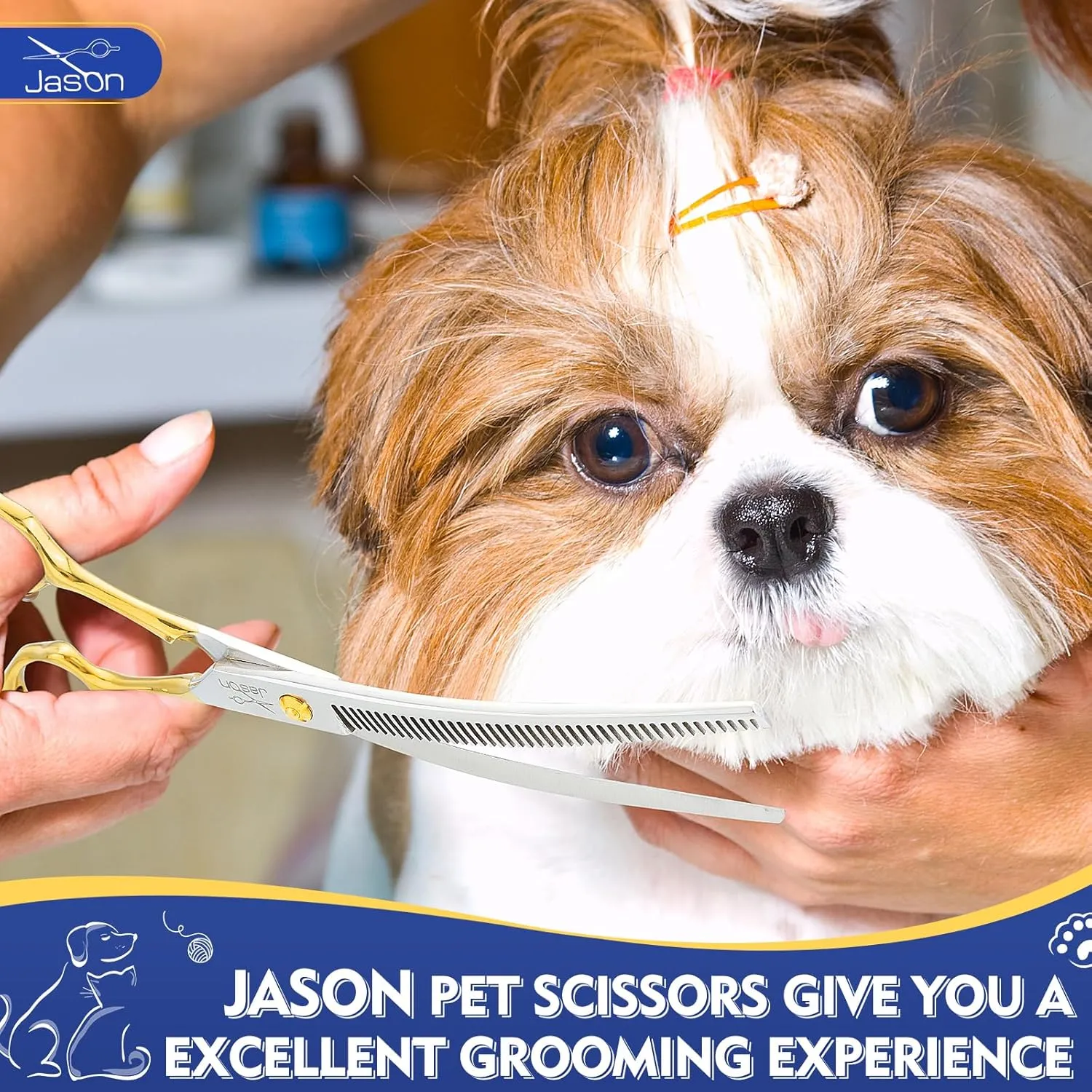 JASON Curved Thinner Dog Scissors - Ergonomic Updated Dog Grooming Scissors Sharp Curved Blender Dog Shears 440C Stainless Steel Grooming Shears Professional Pet Shears for Groomer