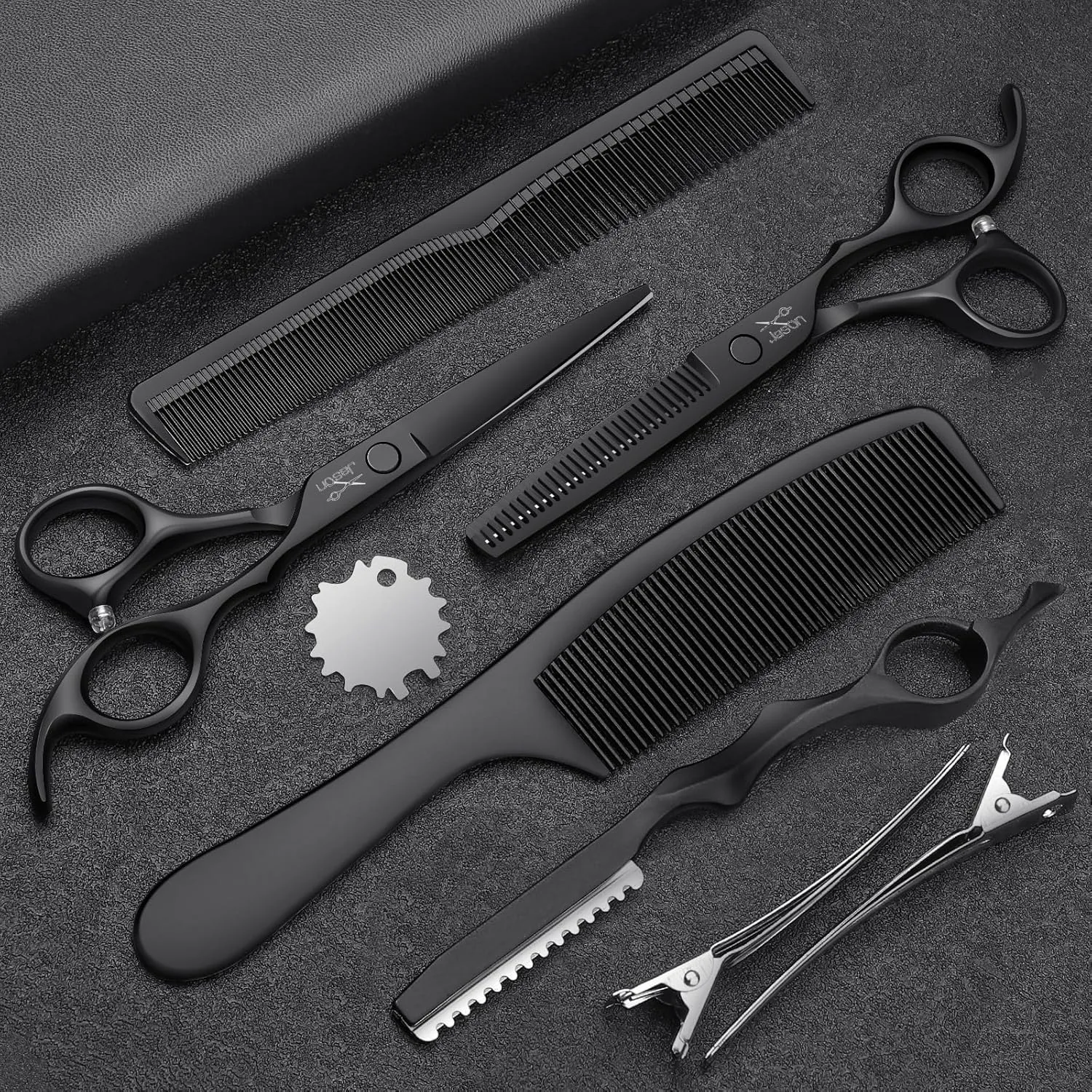 JASON Hair Cutting Scissors Set - Professional 10 PCS Haircut Scissors kit, Thinning Blender Scissors, Straight Shears with 30 Teeth for Men Women Home Salon Barber (6.5", Black)