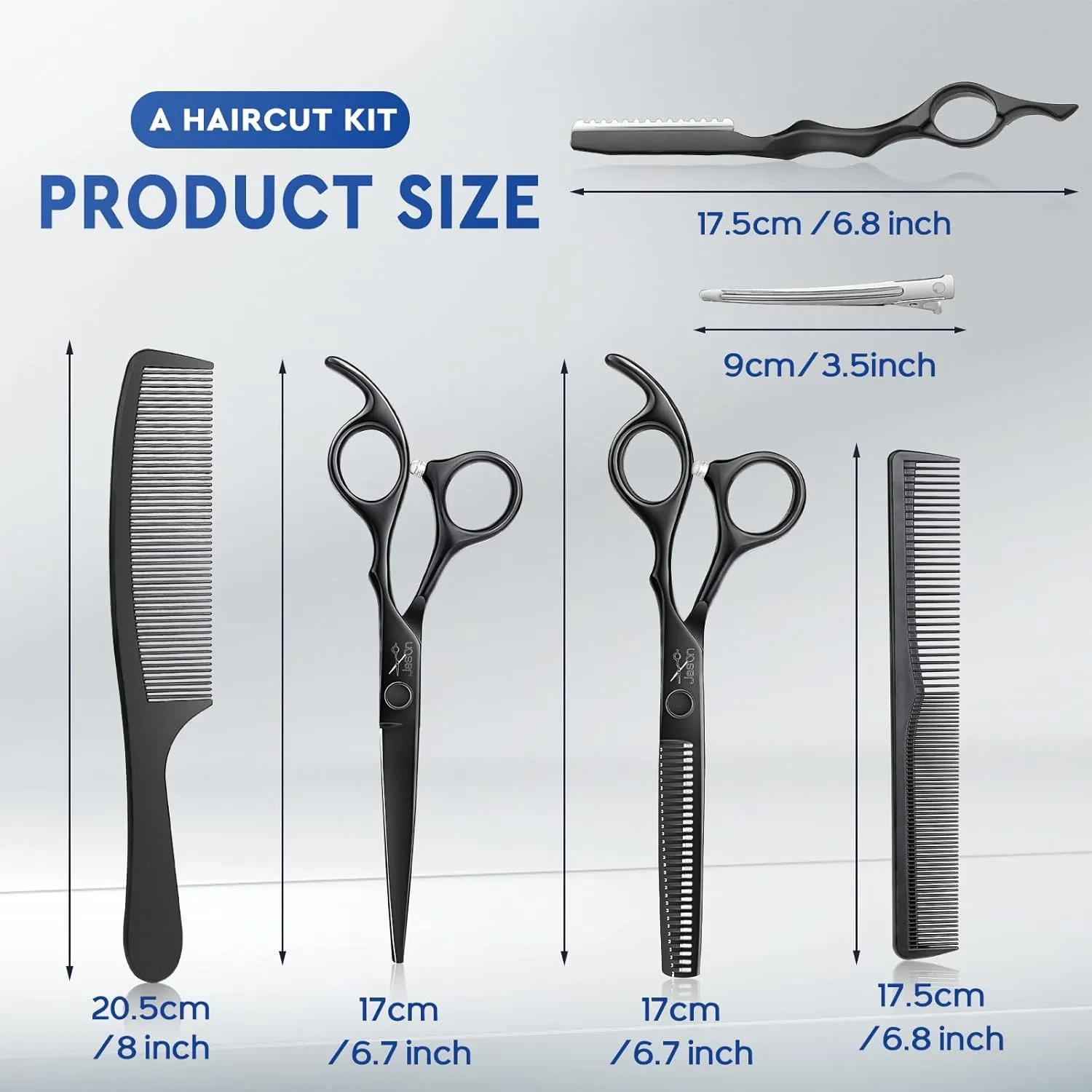 JASON Hair Cutting Scissors Set - Professional 10 PCS Haircut Scissors kit, Thinning Blender Scissors, Straight Shears with 30 Teeth for Men Women Home Salon Barber (6.5", Black)