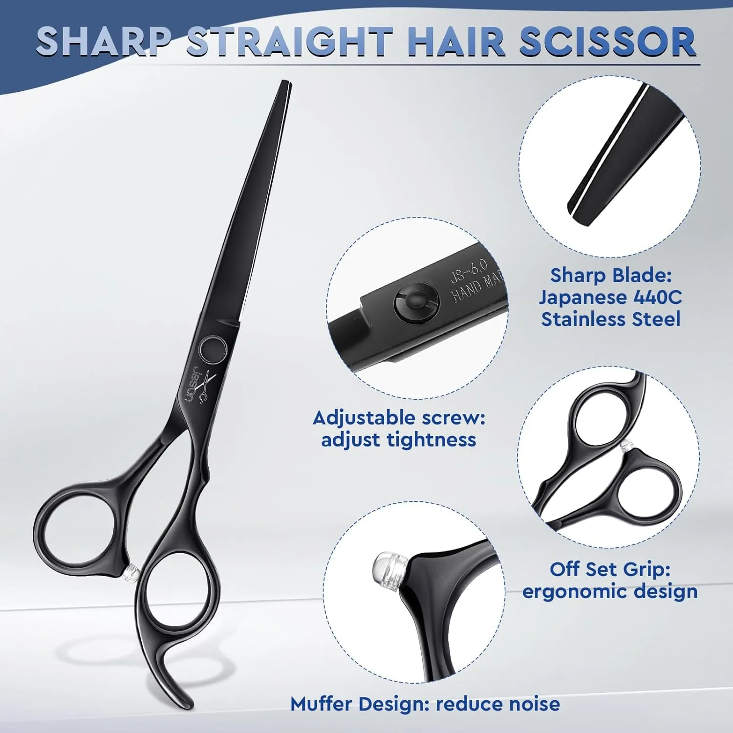 JASON Hair Cutting Scissors Set - Professional 10 PCS Haircut Scissors kit, Thinning Blender Scissors, Straight Shears with 30 Teeth for Men Women Home Salon Barber (6.5", Black)
