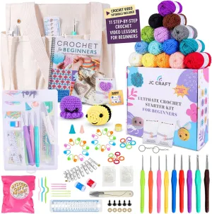 JC Craft Beginner Crochet Kit – 81 Piece Starter Set with 15 Colorful Yarns, Ergonomic Hooks, Complete Supplies, White Tote Bag, Accessories Case, Guide Book & Online Video Lessons
