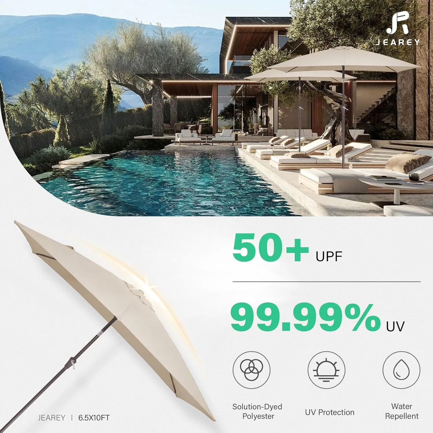 JEAREY 6.5x10 ft Rectangular Patio Umbrellas Outdoor Market Umbrella with Push Button Tilt and Crank, Rectangle Table Umbrella 6 Sturdy Ribs UV Protection for Pool Garden Backyard Deck, Beige