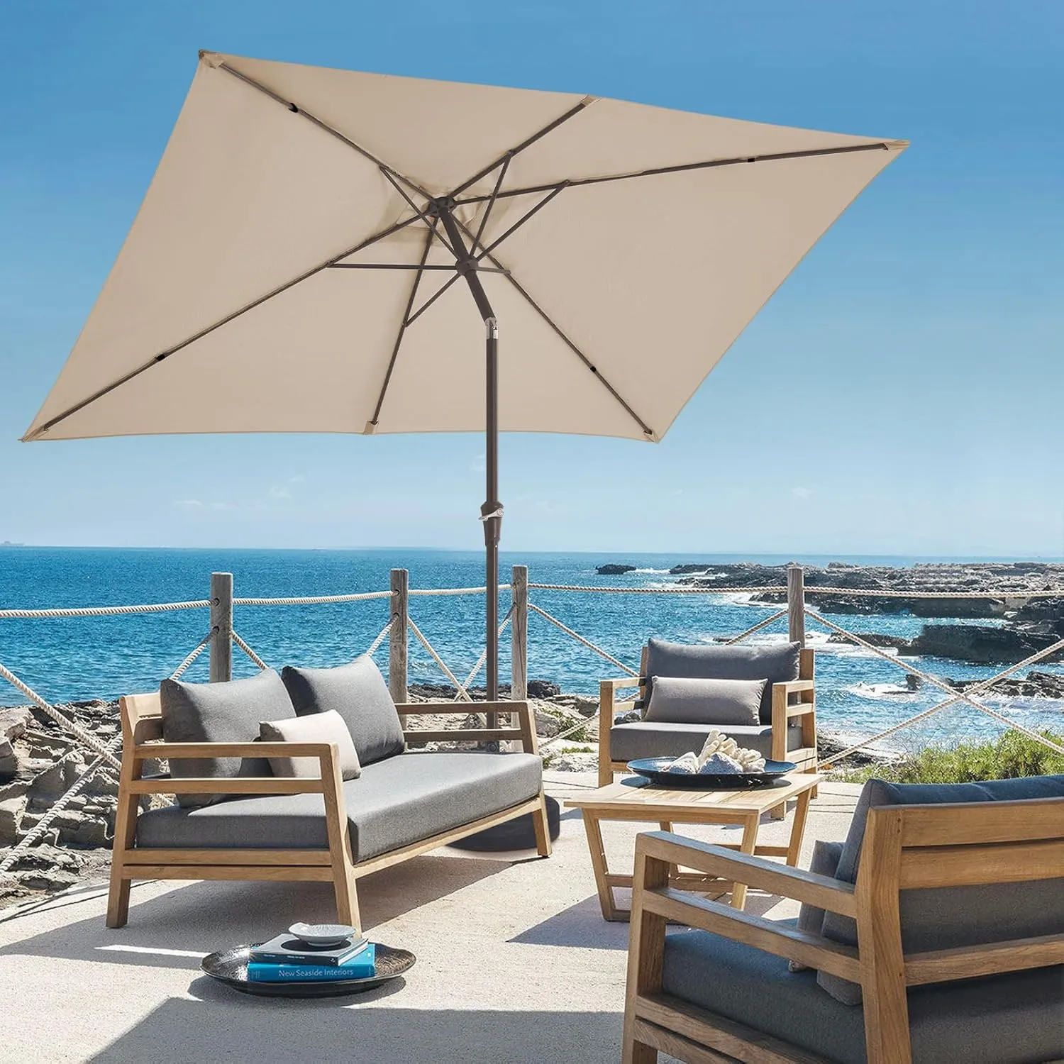 JEAREY 6.5x10 ft Rectangular Patio Umbrellas Outdoor Market Umbrella with Push Button Tilt and Crank, Rectangle Table Umbrella 6 Sturdy Ribs UV Protection for Pool Garden Backyard Deck, Beige