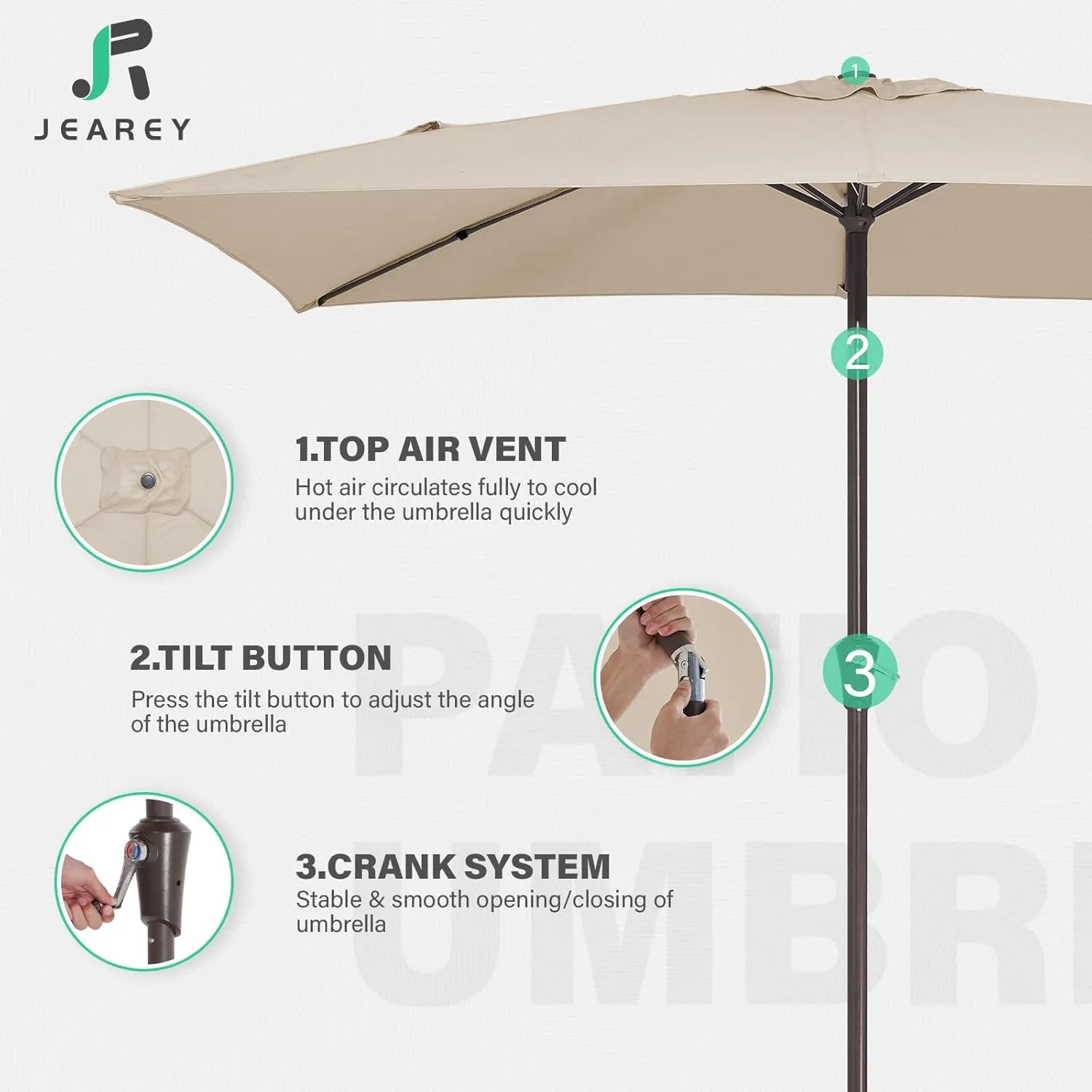 JEAREY 6.5x10 ft Rectangular Patio Umbrellas Outdoor Market Umbrella with Push Button Tilt and Crank, Rectangle Table Umbrella 6 Sturdy Ribs UV Protection for Pool Garden Backyard Deck, Beige