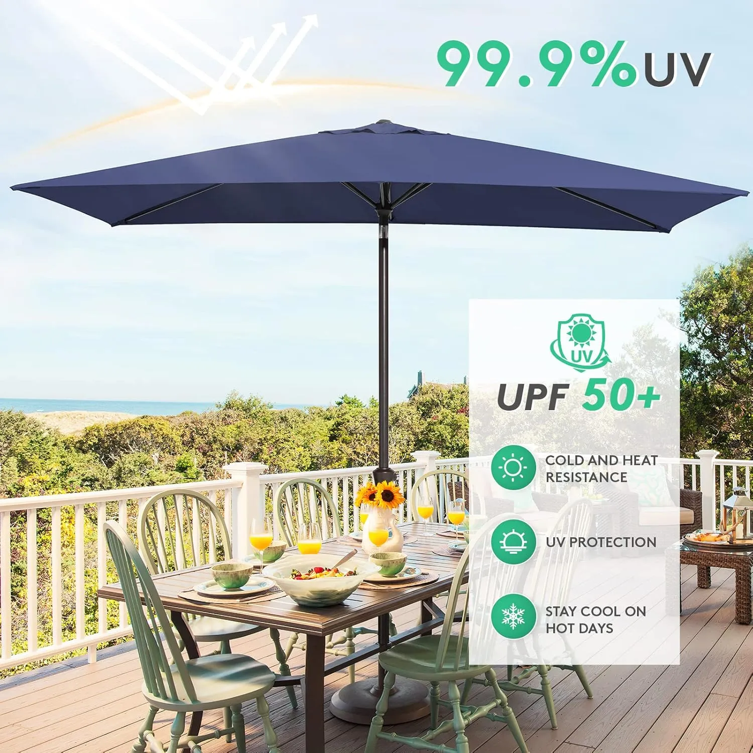 JEAREY 6.5x10ft Olefin Rectangular Patio Umbrella Outdoor Umbrella with Auto Tilt Crank System,Market Table Umbrella UV Protection Fade-Resistant for Pool Deck Garden Backyard,Navy