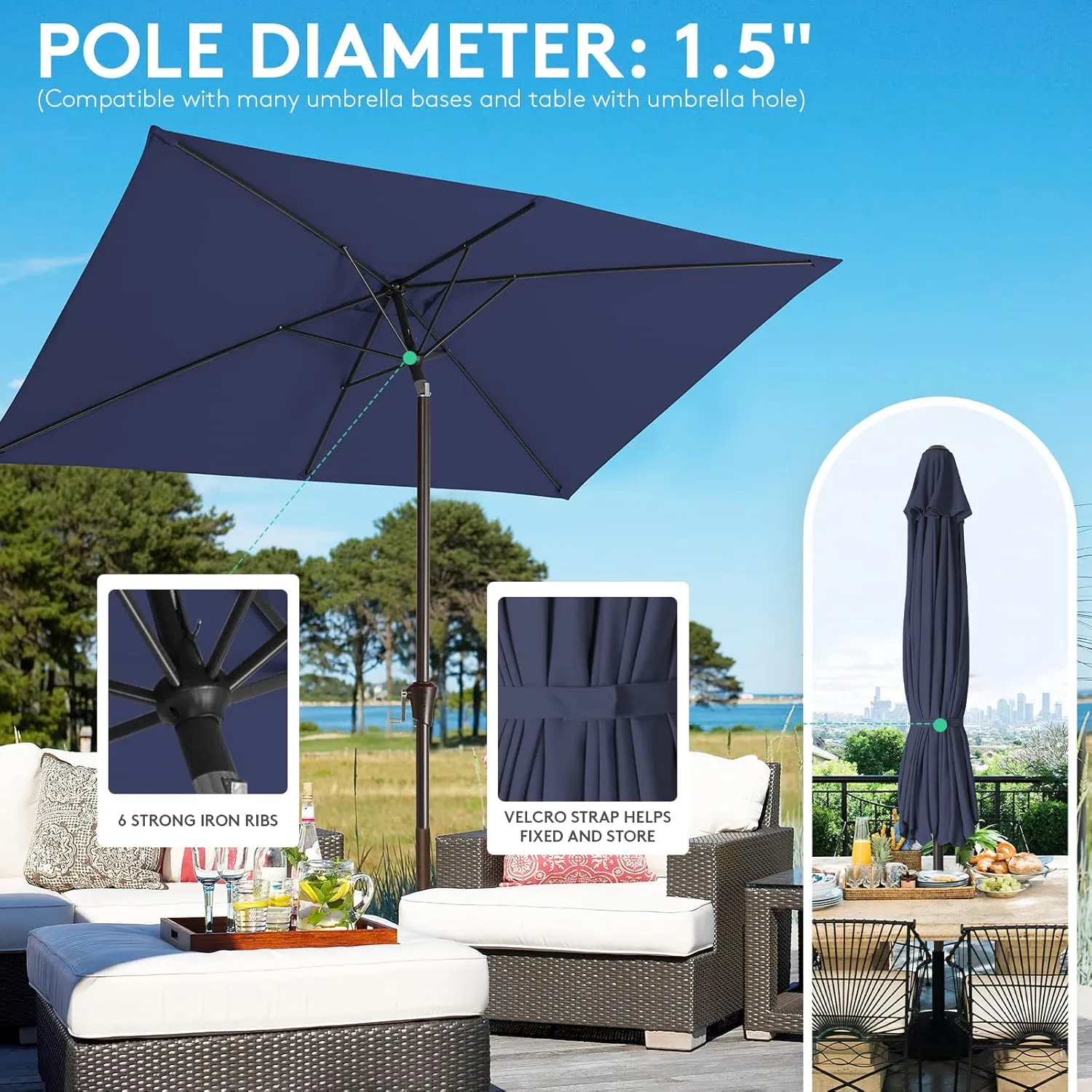 JEAREY 6.5x10ft Olefin Rectangular Patio Umbrella Outdoor Umbrella with Auto Tilt Crank System,Market Table Umbrella UV Protection Fade-Resistant for Pool Deck Garden Backyard,Navy