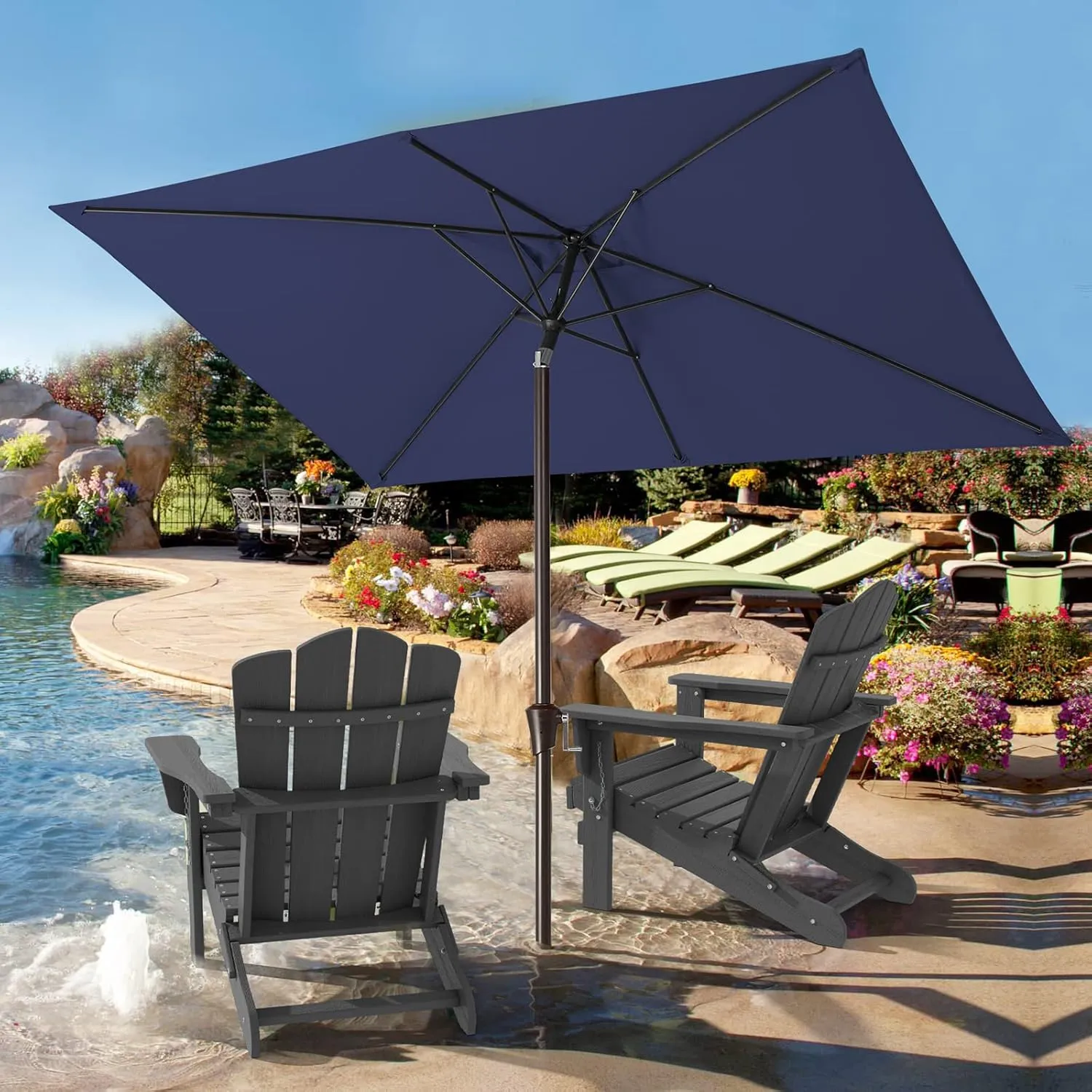 JEAREY 6.5x10ft Olefin Rectangular Patio Umbrella Outdoor Umbrella with Auto Tilt Crank System,Market Table Umbrella UV Protection Fade-Resistant for Pool Deck Garden Backyard,Navy