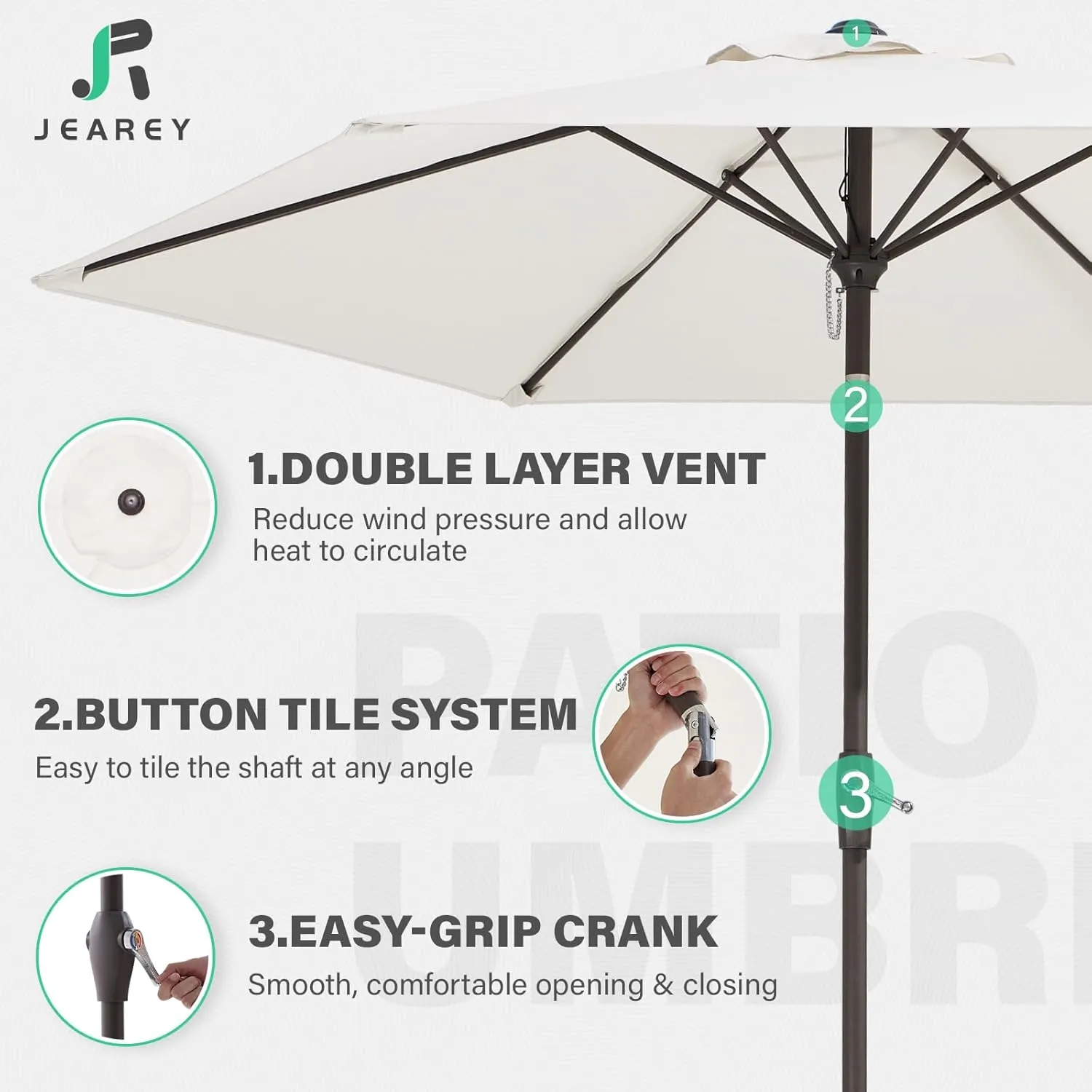 JEAREY 7.5FT Patio Umbrella Market Table Umbrella with 6 Sturdy Ribs, Push Button Tilt/Crank Outdoor Umbrella for Garden, Deck, Backyard, Pool and Beach,Creamy-White