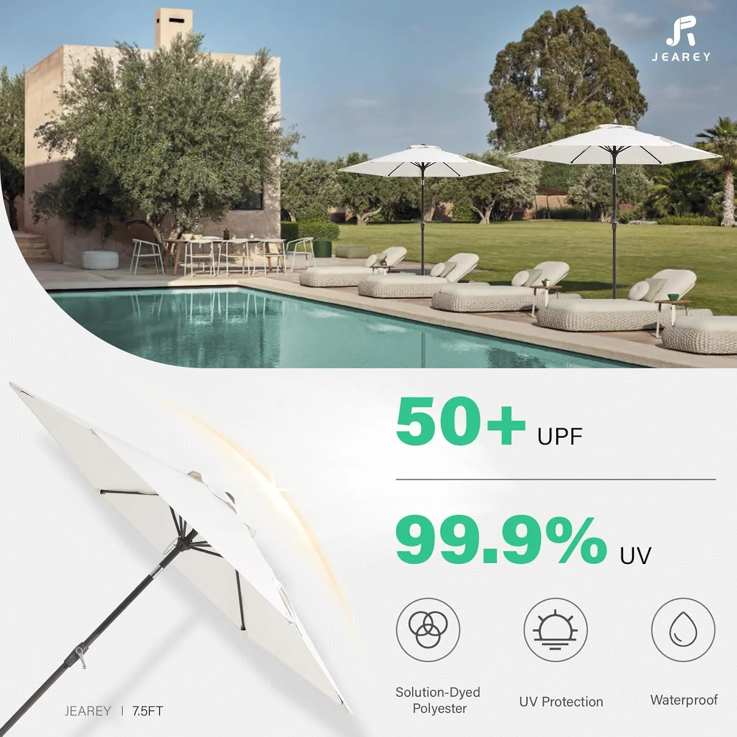JEAREY 7.5FT Patio Umbrella Market Table Umbrella with 6 Sturdy Ribs, Push Button Tilt/Crank Outdoor Umbrella for Garden, Deck, Backyard, Pool and Beach,Creamy-White