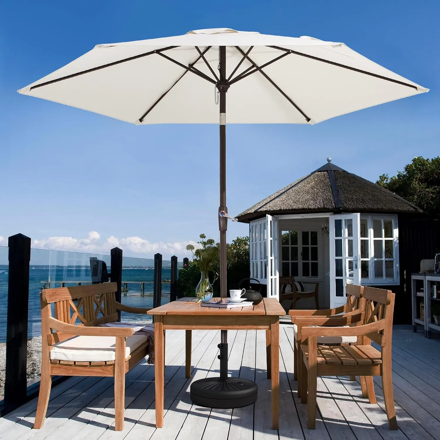 JEAREY 7.5FT Patio Umbrella Market Table Umbrella with 6 Sturdy Ribs, Push Button Tilt/Crank Outdoor Umbrella for Garden, Deck, Backyard, Pool and Beach,Creamy-White