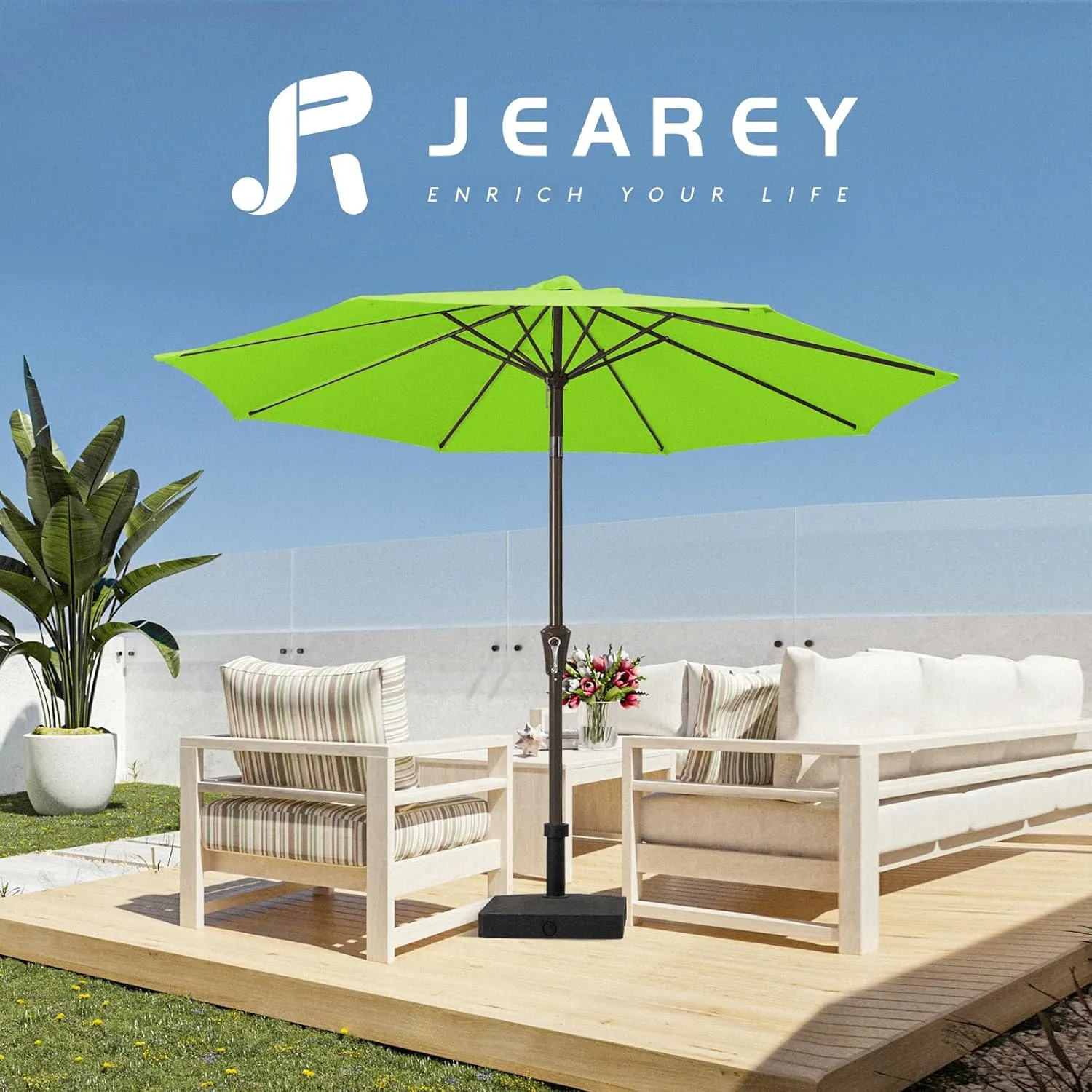JEAREY 9FT Outdoor Patio Umbrella Outdoor Table Umbrella with Push Button Tilt and Crank, Market Umbrella 8 Sturdy Ribs UV Protection Waterproof for Garden, Deck, Backyard, Pool (Apple Green)