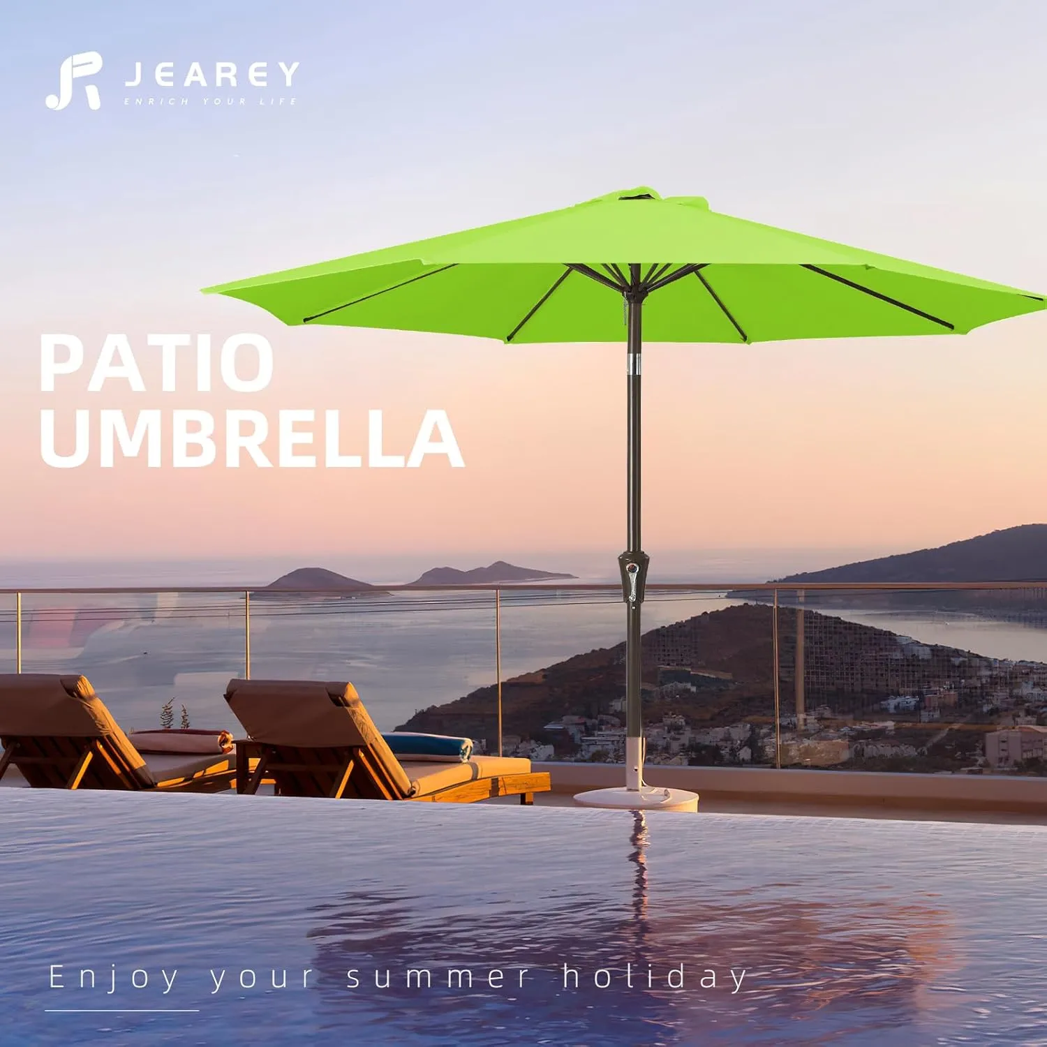 JEAREY 9FT Outdoor Patio Umbrella Outdoor Table Umbrella with Push Button Tilt and Crank, Market Umbrella 8 Sturdy Ribs UV Protection Waterproof for Garden, Deck, Backyard, Pool (Apple Green)