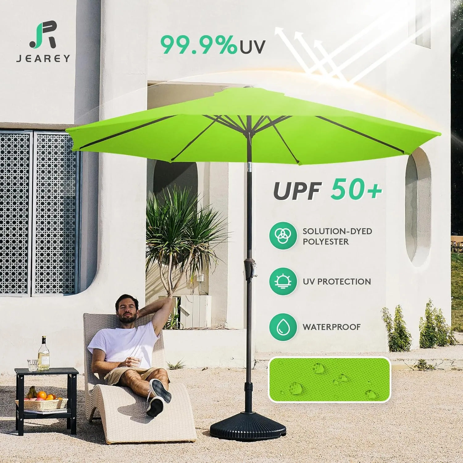 JEAREY 9FT Outdoor Patio Umbrella Outdoor Table Umbrella with Push Button Tilt and Crank, Market Umbrella 8 Sturdy Ribs UV Protection Waterproof for Garden, Deck, Backyard, Pool (Apple Green)
