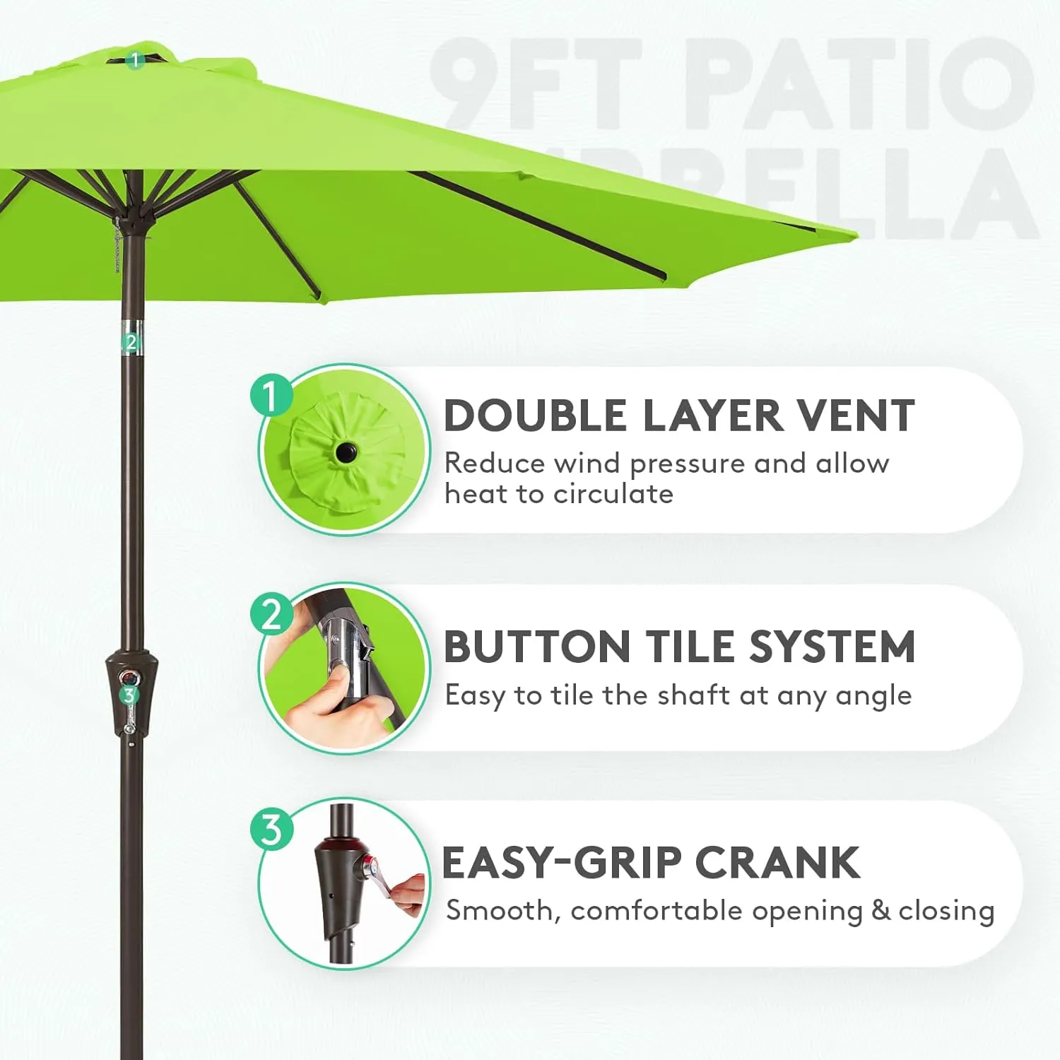 JEAREY 9FT Outdoor Patio Umbrella Outdoor Table Umbrella with Push Button Tilt and Crank, Market Umbrella 8 Sturdy Ribs UV Protection Waterproof for Garden, Deck, Backyard, Pool (Apple Green)