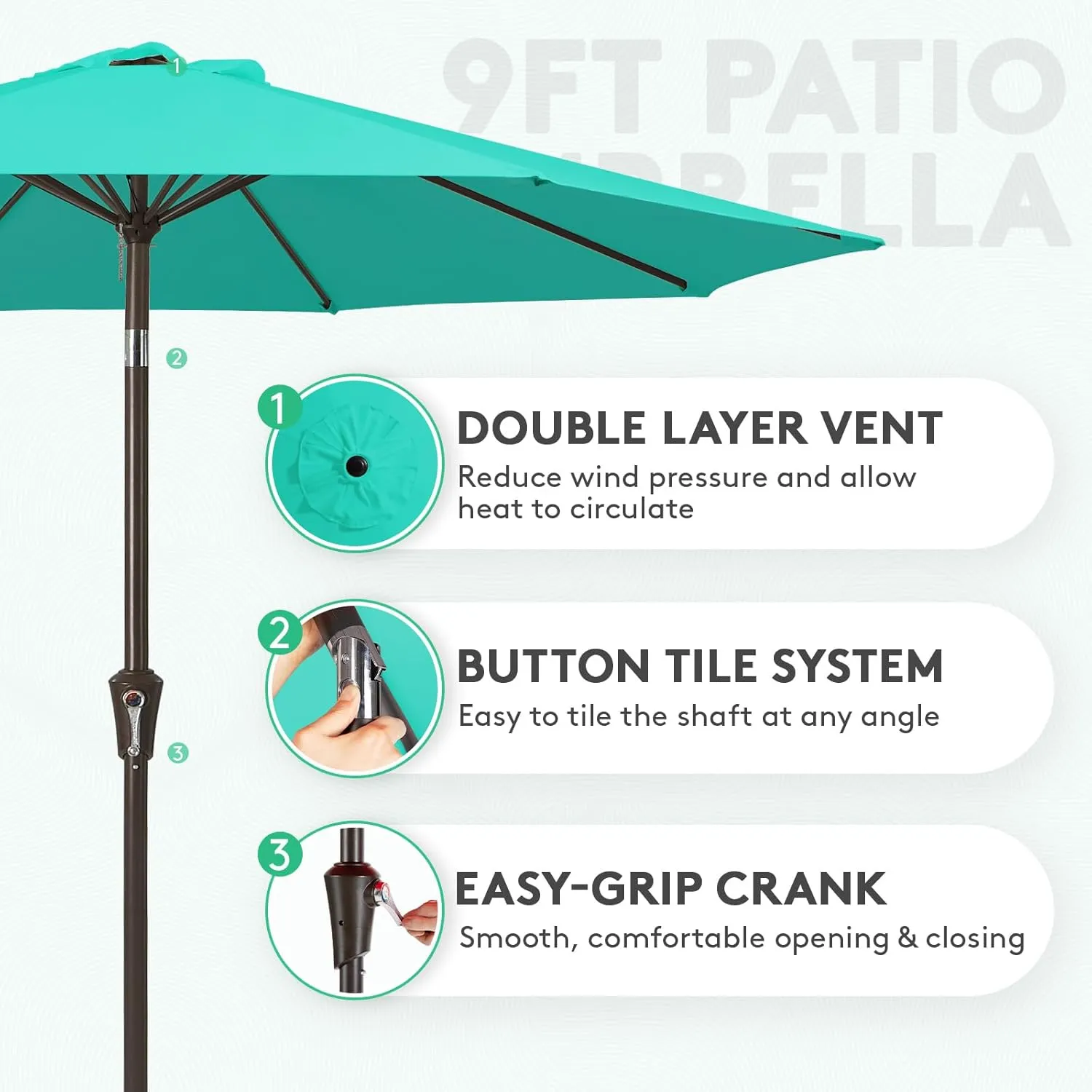 JEAREY 9FT Outdoor Patio Umbrella Outdoor Table Umbrella with Push Button Tilt and Crank, Market Umbrella 8 Sturdy Ribs UV Protection Waterproof for Garden, Deck, Backyard, Pool (Aqua Sky)
