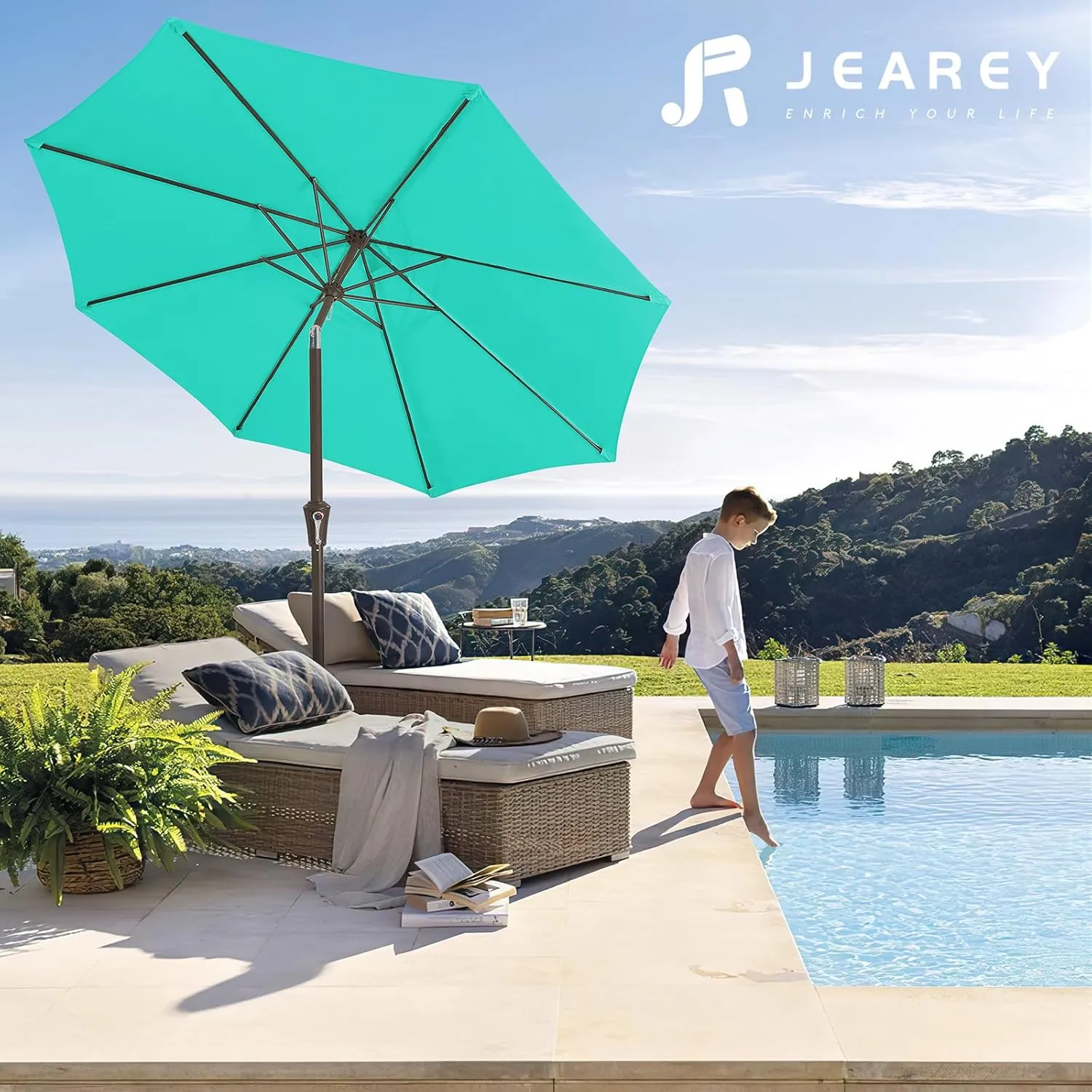 JEAREY 9FT Outdoor Patio Umbrella Outdoor Table Umbrella with Push Button Tilt and Crank, Market Umbrella 8 Sturdy Ribs UV Protection Waterproof for Garden, Deck, Backyard, Pool (Aqua Sky)