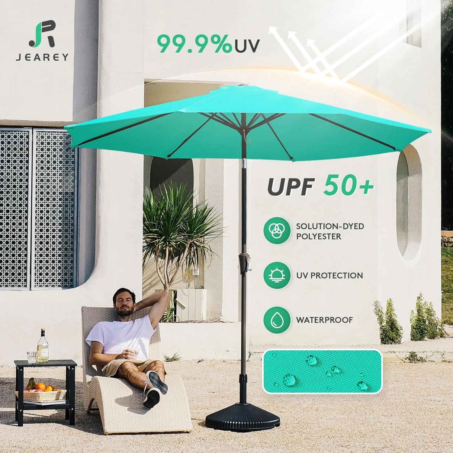 JEAREY 9FT Outdoor Patio Umbrella Outdoor Table Umbrella with Push Button Tilt and Crank, Market Umbrella 8 Sturdy Ribs UV Protection Waterproof for Garden, Deck, Backyard, Pool (Aqua Sky)