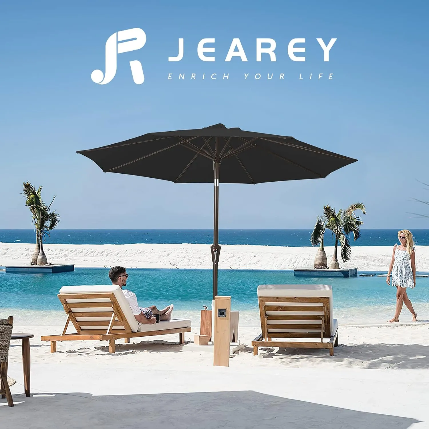 JEAREY 9FT Outdoor Patio Umbrella Outdoor Table Umbrella with Push Button Tilt and Crank, Market Umbrella 8 Sturdy Ribs UV Protection Waterproof for Garden, Deck, Backyard, Pool (Black)