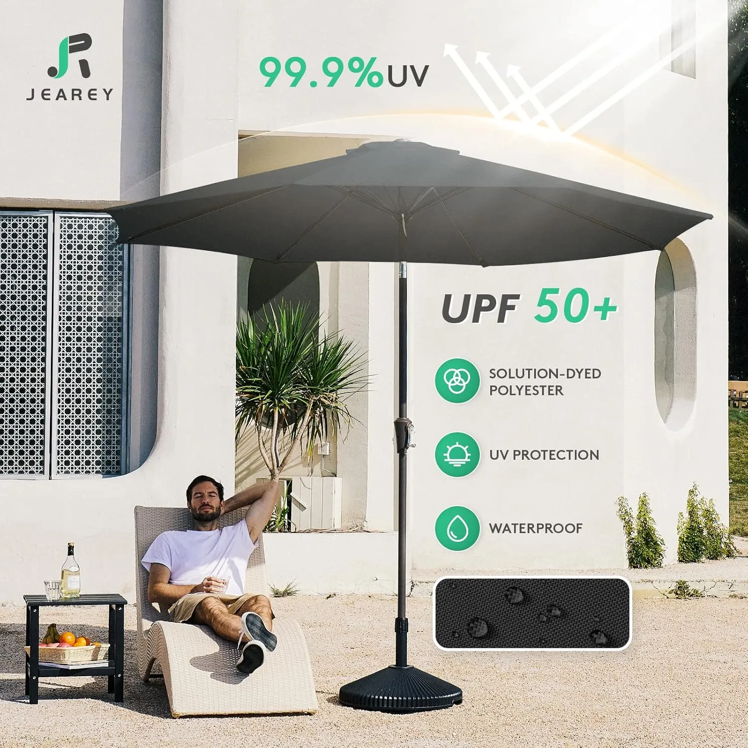 JEAREY 9FT Outdoor Patio Umbrella Outdoor Table Umbrella with Push Button Tilt and Crank, Market Umbrella 8 Sturdy Ribs UV Protection Waterproof for Garden, Deck, Backyard, Pool (Black)