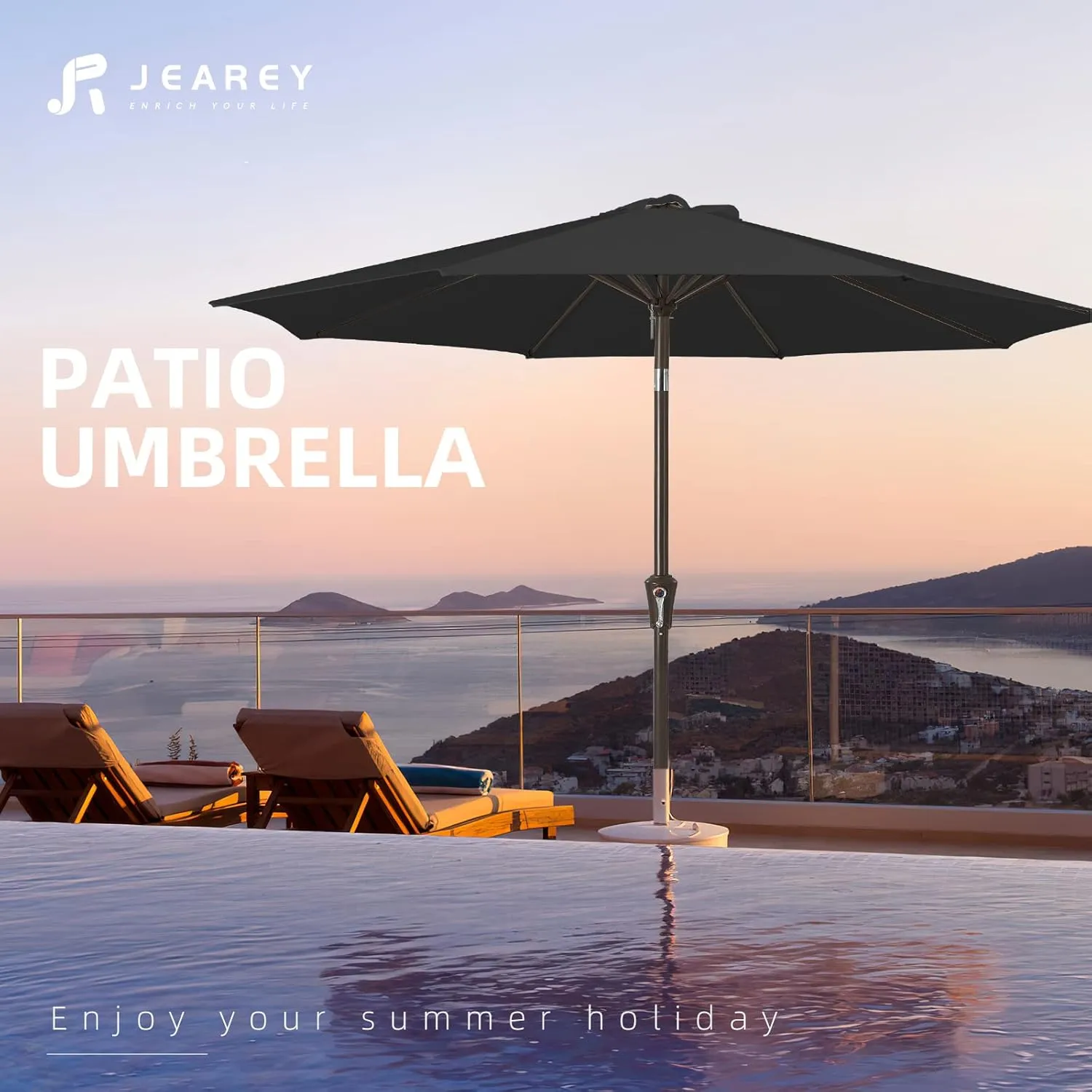 JEAREY 9FT Outdoor Patio Umbrella Outdoor Table Umbrella with Push Button Tilt and Crank, Market Umbrella 8 Sturdy Ribs UV Protection Waterproof for Garden, Deck, Backyard, Pool (Black)