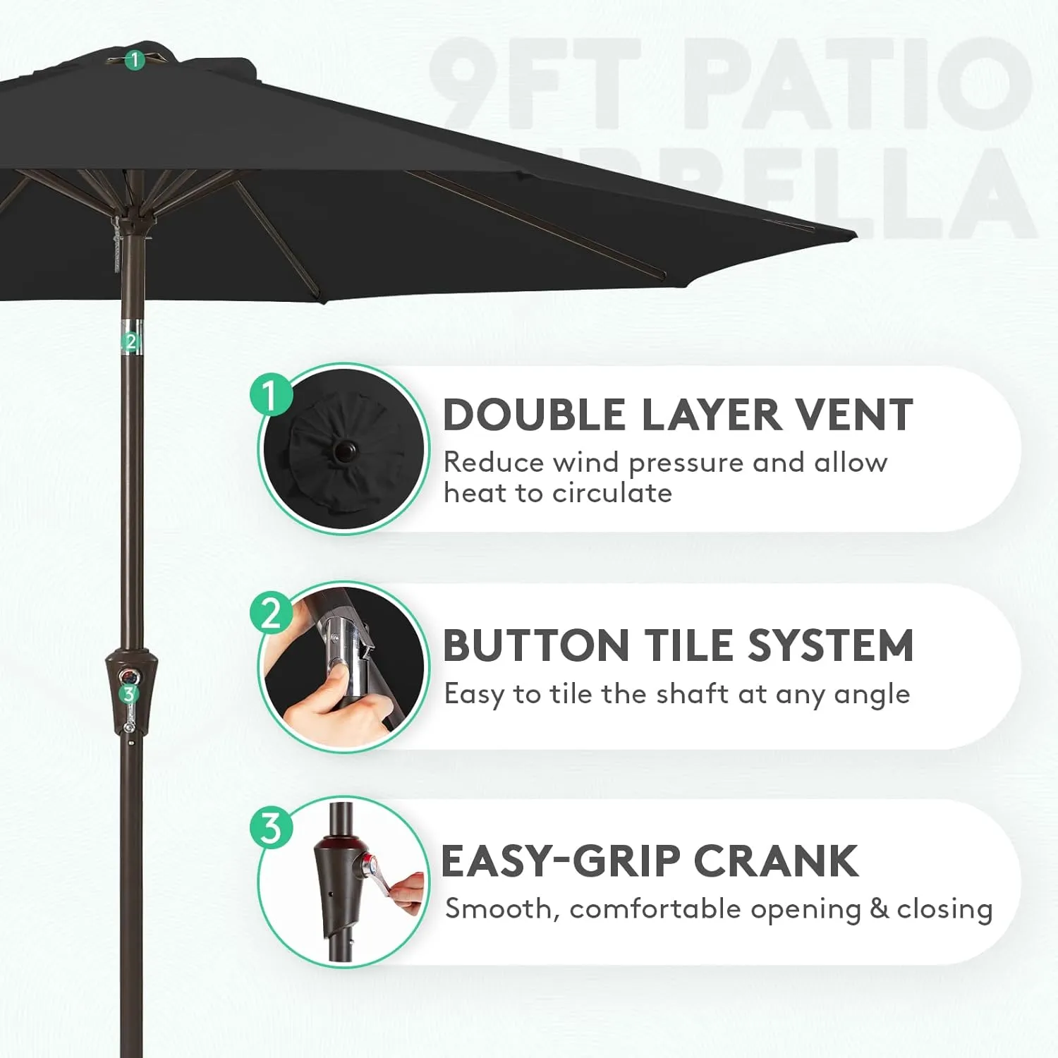 JEAREY 9FT Outdoor Patio Umbrella Outdoor Table Umbrella with Push Button Tilt and Crank, Market Umbrella 8 Sturdy Ribs UV Protection Waterproof for Garden, Deck, Backyard, Pool (Black)