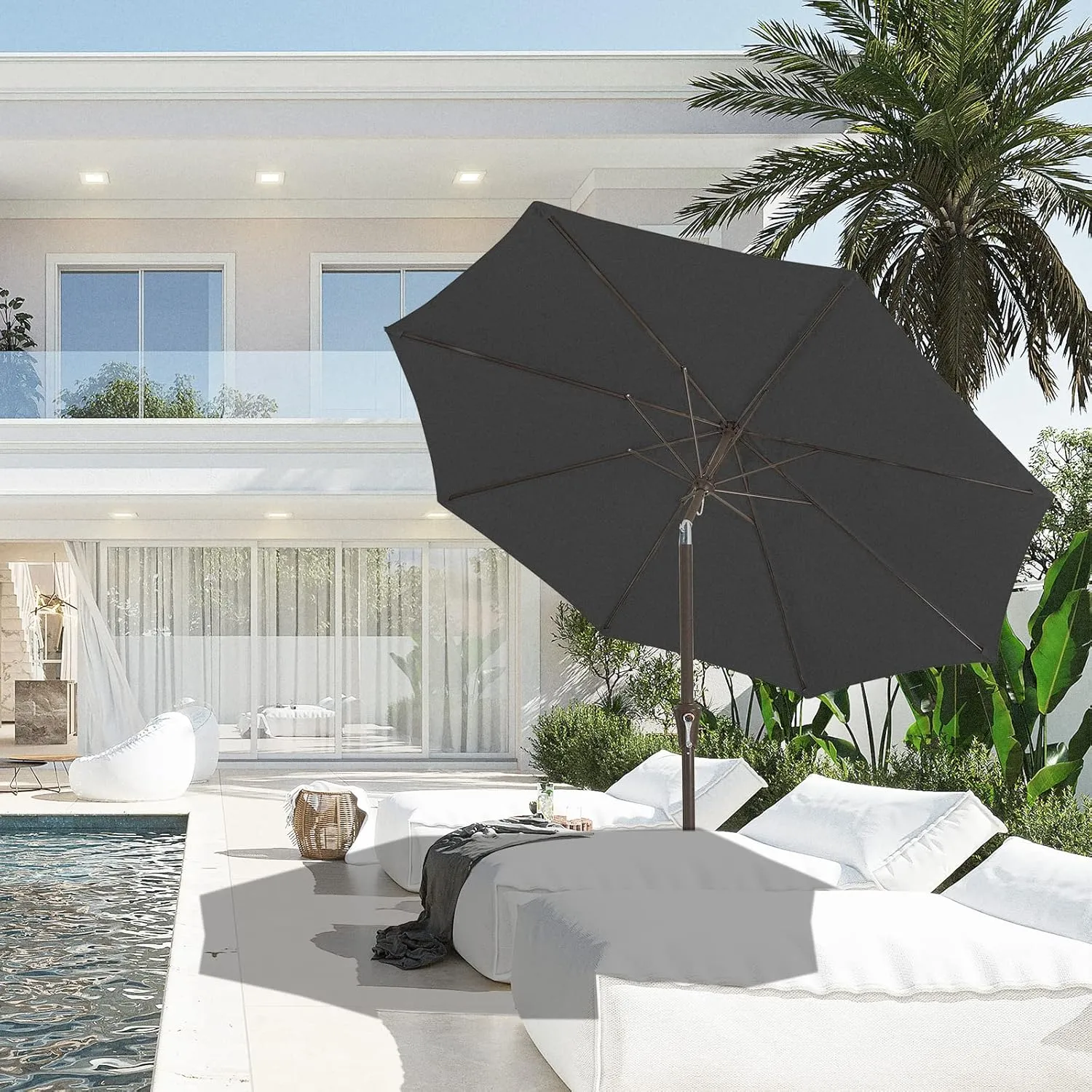 JEAREY 9FT Outdoor Patio Umbrella Outdoor Table Umbrella with Push Button Tilt and Crank, Market Umbrella 8 Sturdy Ribs UV Protection Waterproof for Garden, Deck, Backyard, Pool (Black)