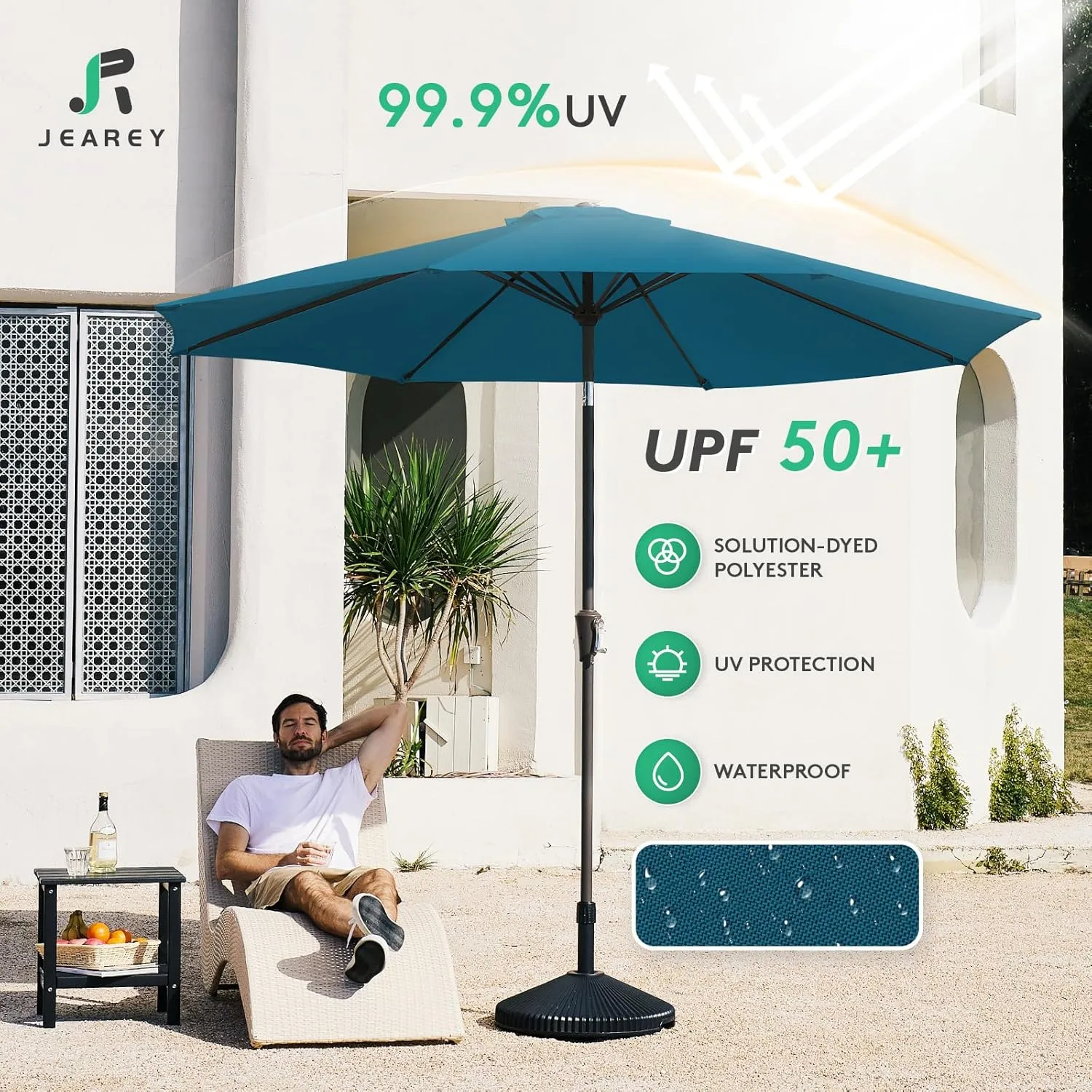 JEAREY 9FT Outdoor Patio Umbrella Outdoor Table Umbrella with Push Button Tilt and Crank, Market Umbrella 8 Sturdy Ribs UV Protection Waterproof for Garden, Deck, Backyard, Pool (Lake Blue)
