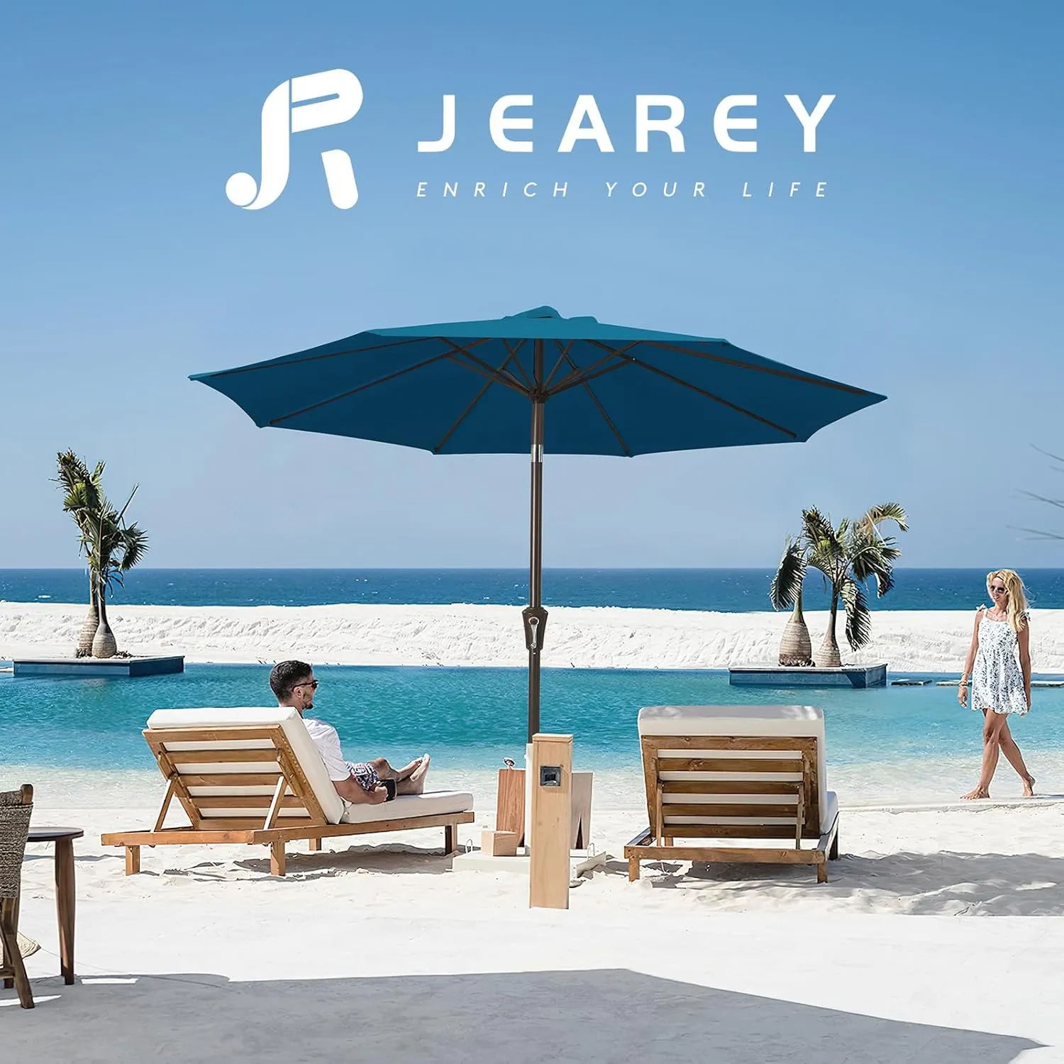 JEAREY 9FT Outdoor Patio Umbrella Outdoor Table Umbrella with Push Button Tilt and Crank, Market Umbrella 8 Sturdy Ribs UV Protection Waterproof for Garden, Deck, Backyard, Pool (Lake Blue)