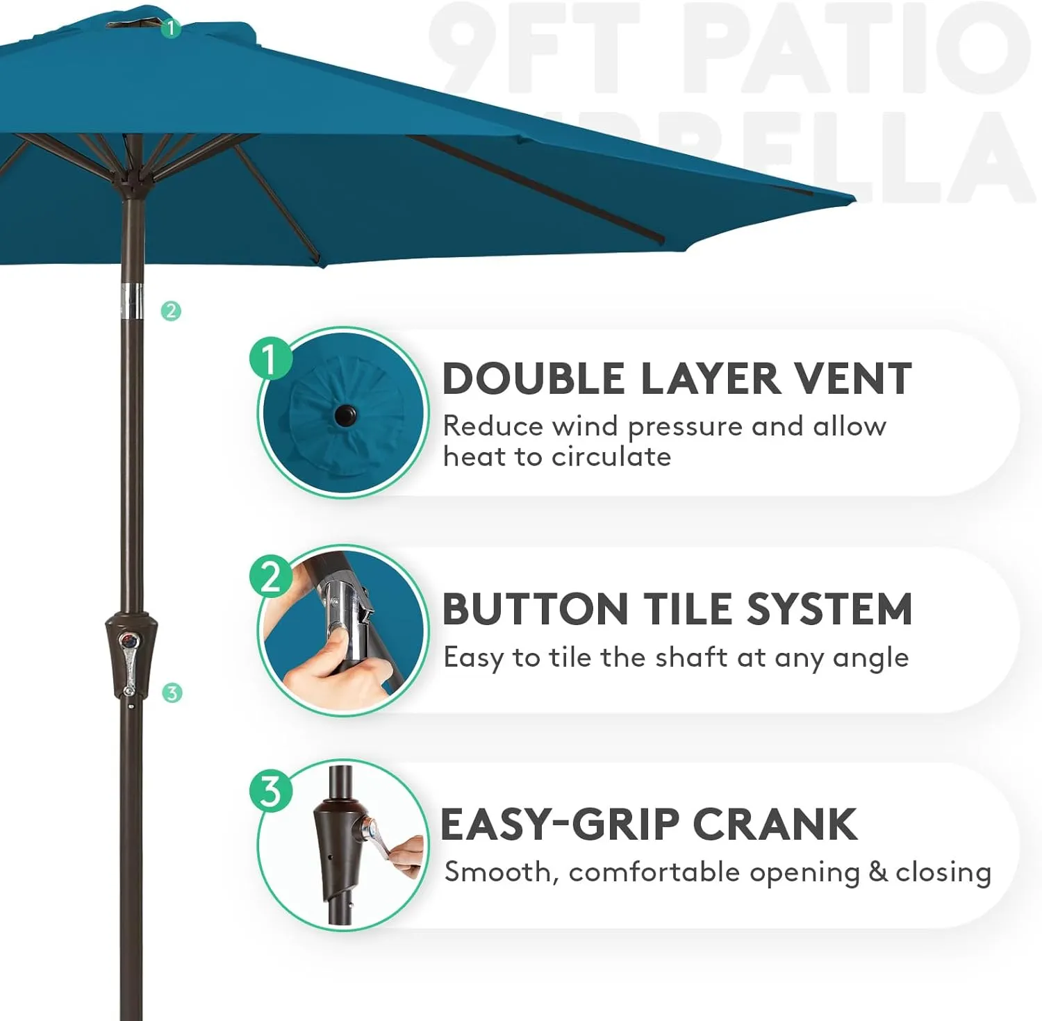 JEAREY 9FT Outdoor Patio Umbrella Outdoor Table Umbrella with Push Button Tilt and Crank, Market Umbrella 8 Sturdy Ribs UV Protection Waterproof for Garden, Deck, Backyard, Pool (Lake Blue)