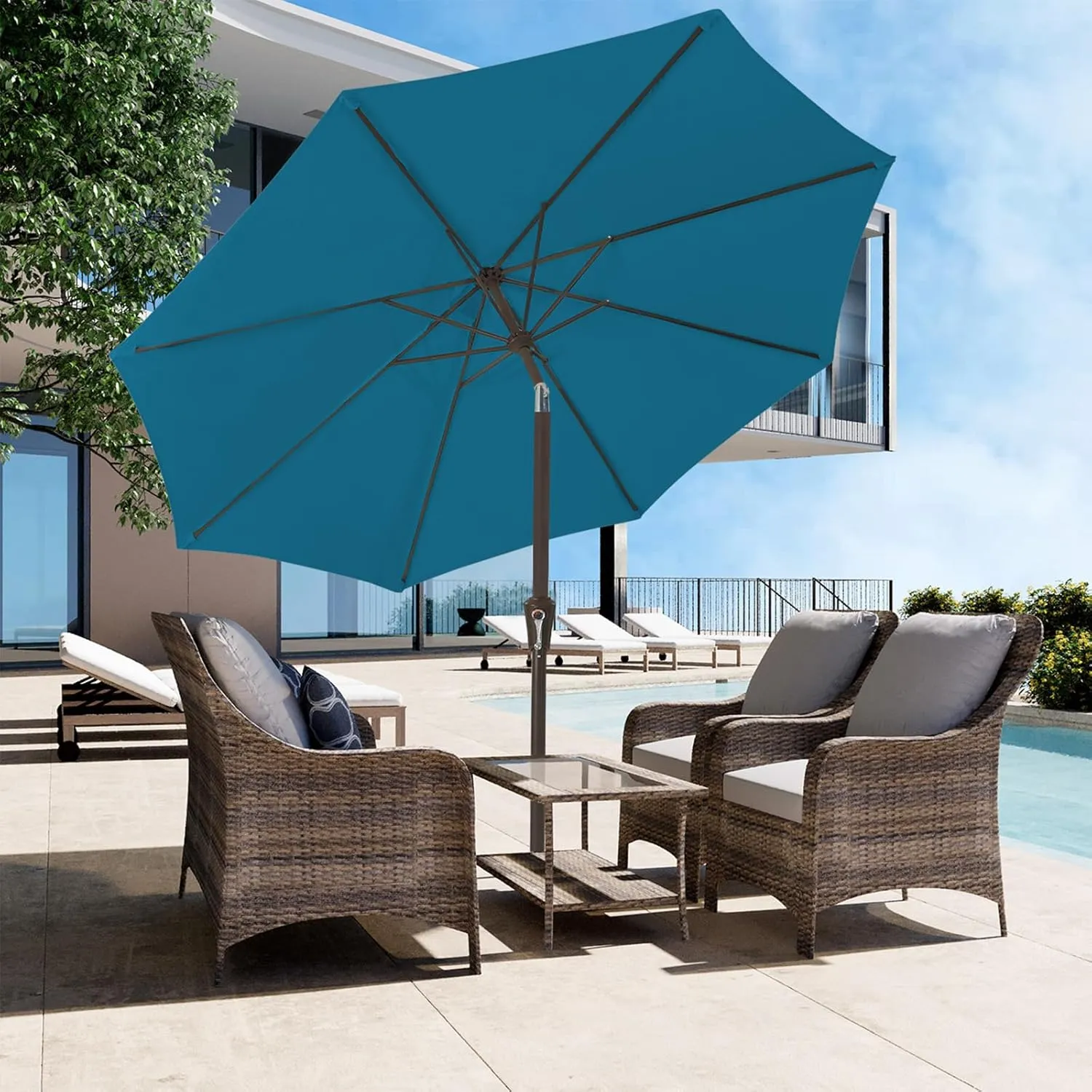 JEAREY 9FT Outdoor Patio Umbrella Outdoor Table Umbrella with Push Button Tilt and Crank, Market Umbrella 8 Sturdy Ribs UV Protection Waterproof for Garden, Deck, Backyard, Pool (Lake Blue)