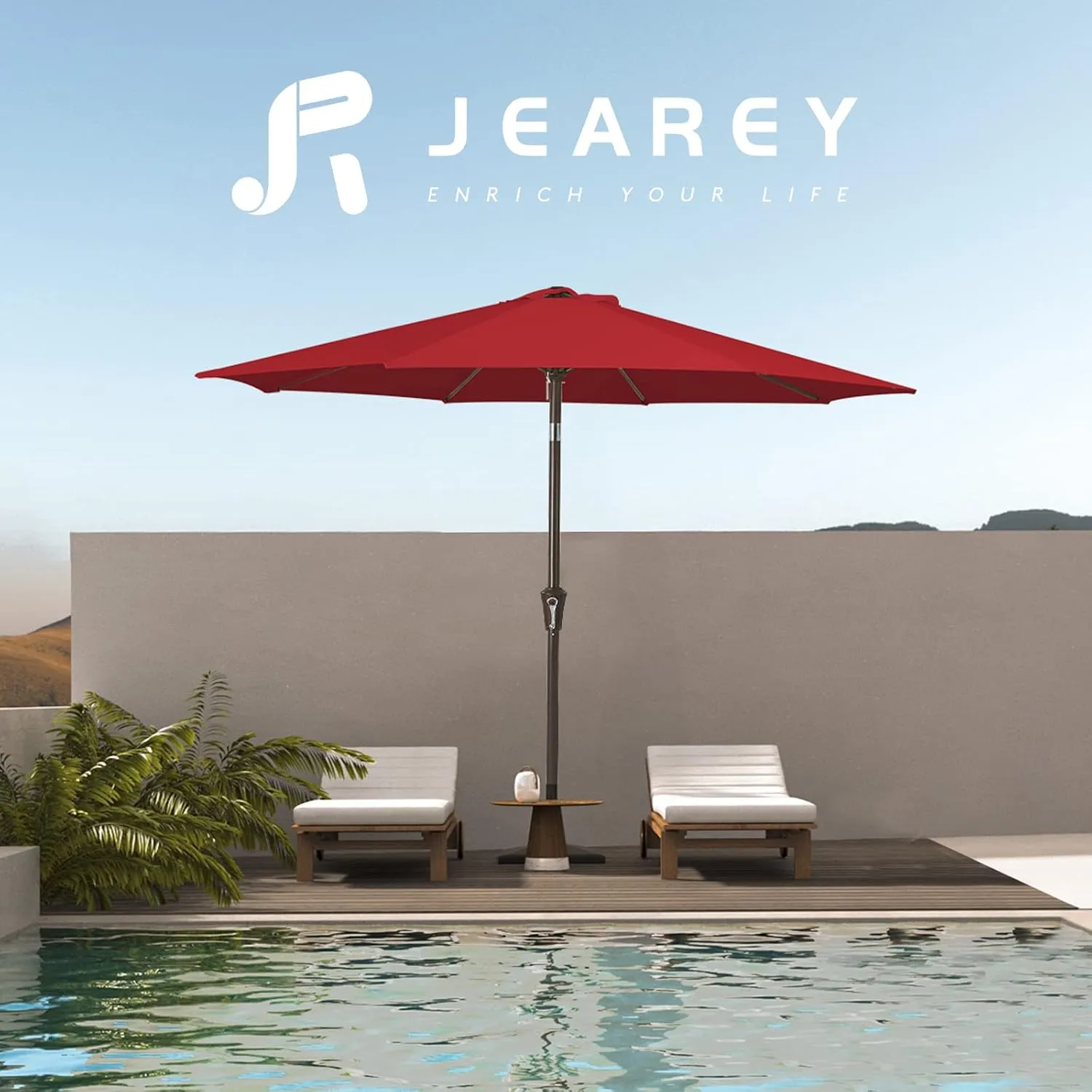 JEAREY 9FT Outdoor Patio Umbrella Outdoor Table Umbrella with Push Button Tilt and Crank, Market Umbrella 8 Sturdy Ribs UV Protection Waterproof for Garden, Deck, Backyard, Pool (Red)