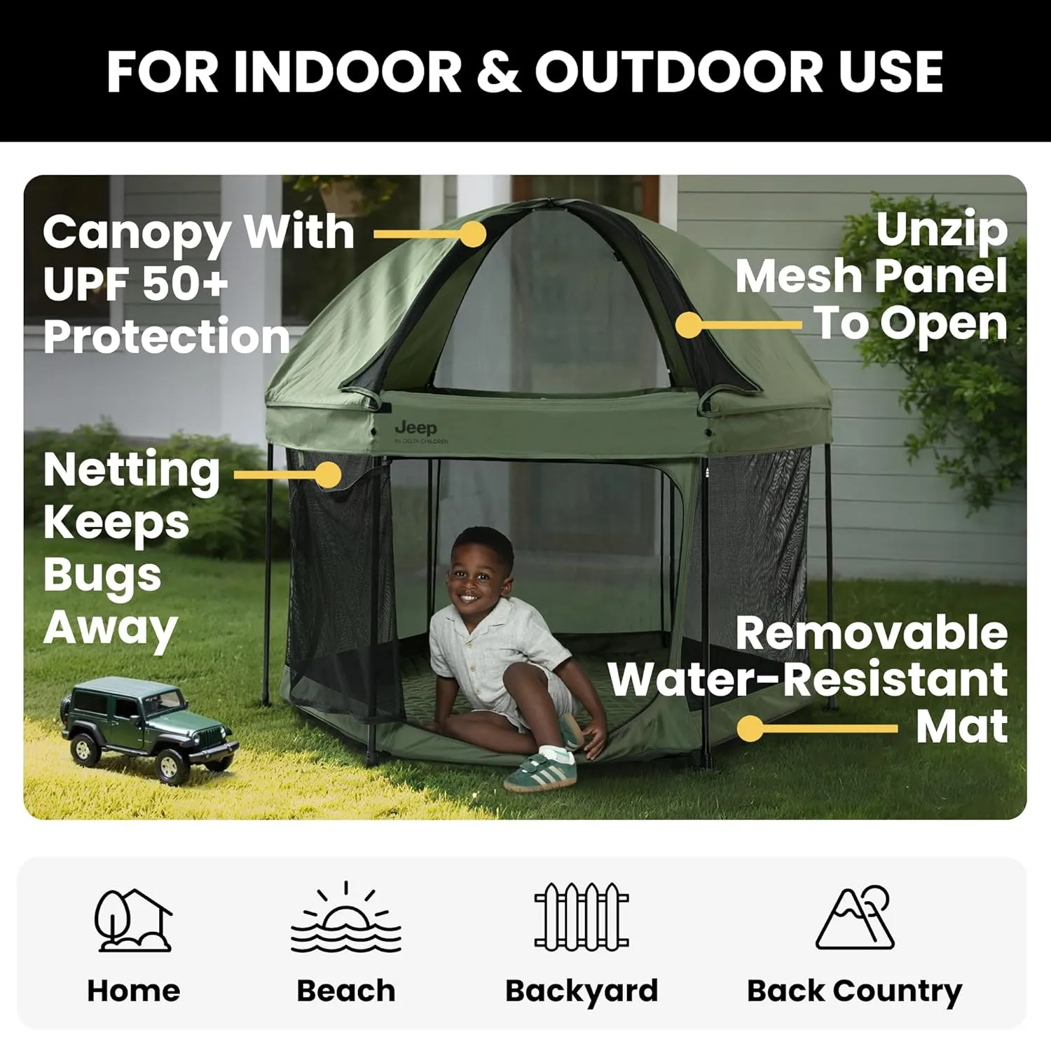 Jeep Hexagon Pop Up Play Yard with Removable Canopy | Ideal for Indoor and Outdoor Use, Olive Green