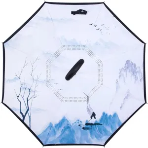 JITEM Inverted Reverse Upside Down Umbrella Chinese Style Rain Umbrella w/C-Shaped Handle Double Canopy Vented Windproof Waterproof Stick Umbrella