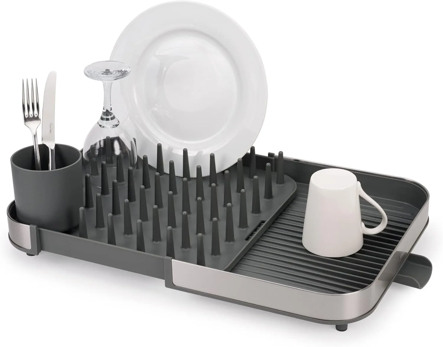 Joseph Joseph Expanding Dish Drying Rack with Removable Silverware Holder, Draining Spout, Stainless-steel