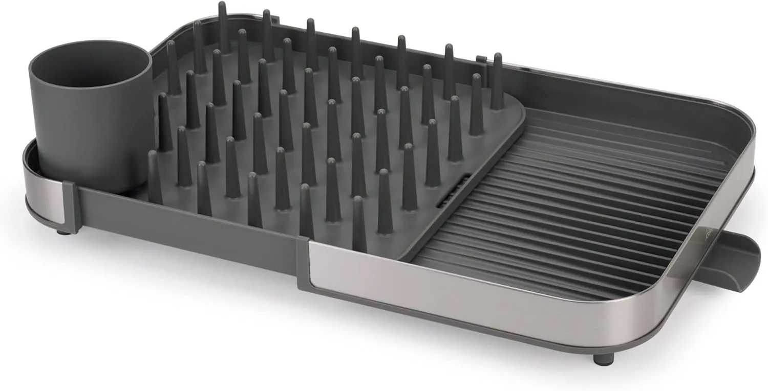 Joseph Joseph Expanding Dish Drying Rack with Removable Silverware Holder, Draining Spout, Stainless-steel