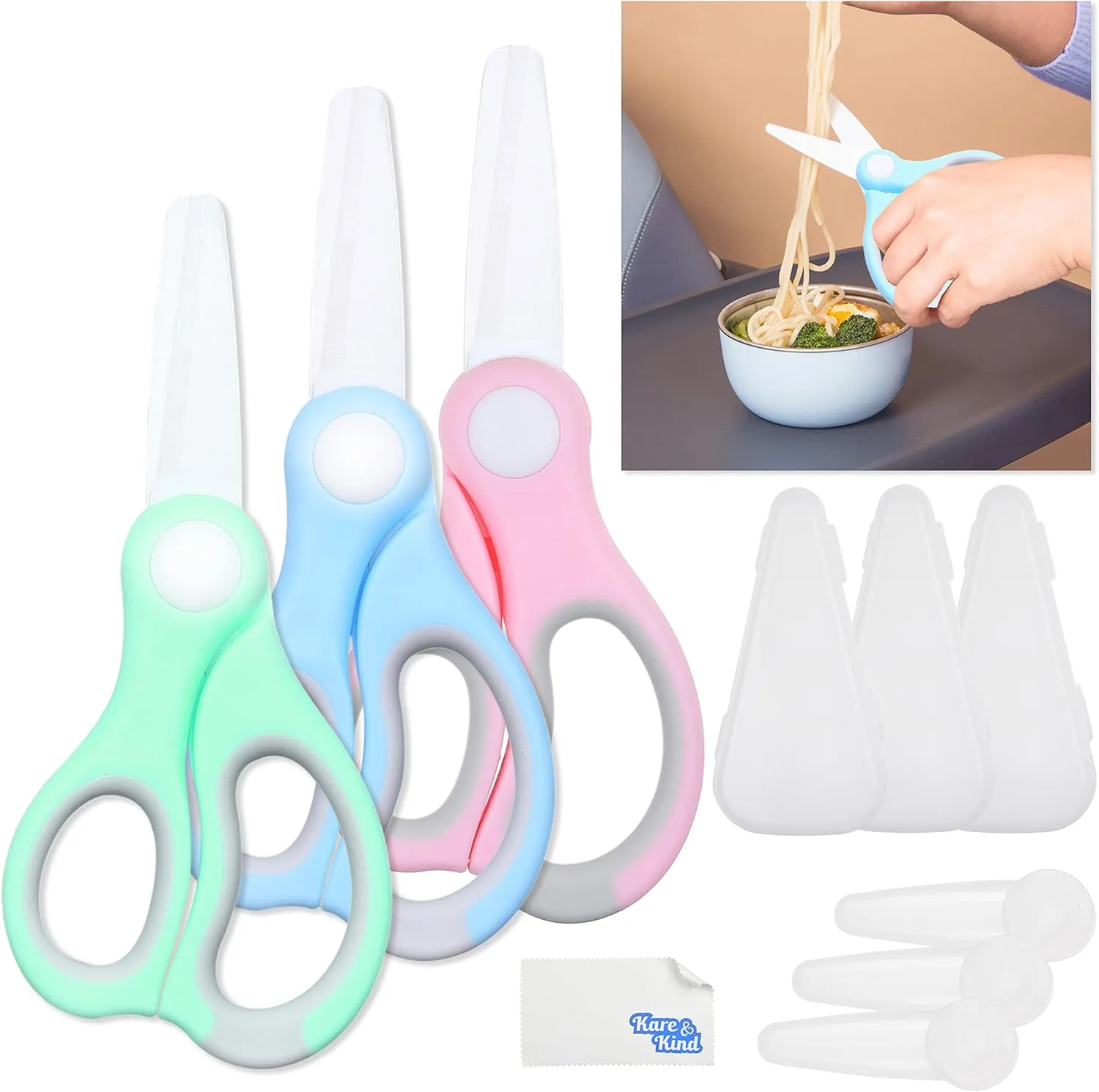 Kare & Kind 3x Ceramic Baby Food Scissors - Blue/Pink/Green - With Dust Cover and Storage Case - Cut Baby Food Easily - Ideal for Noodles, Meat, Chicken, Veggies and Fruits