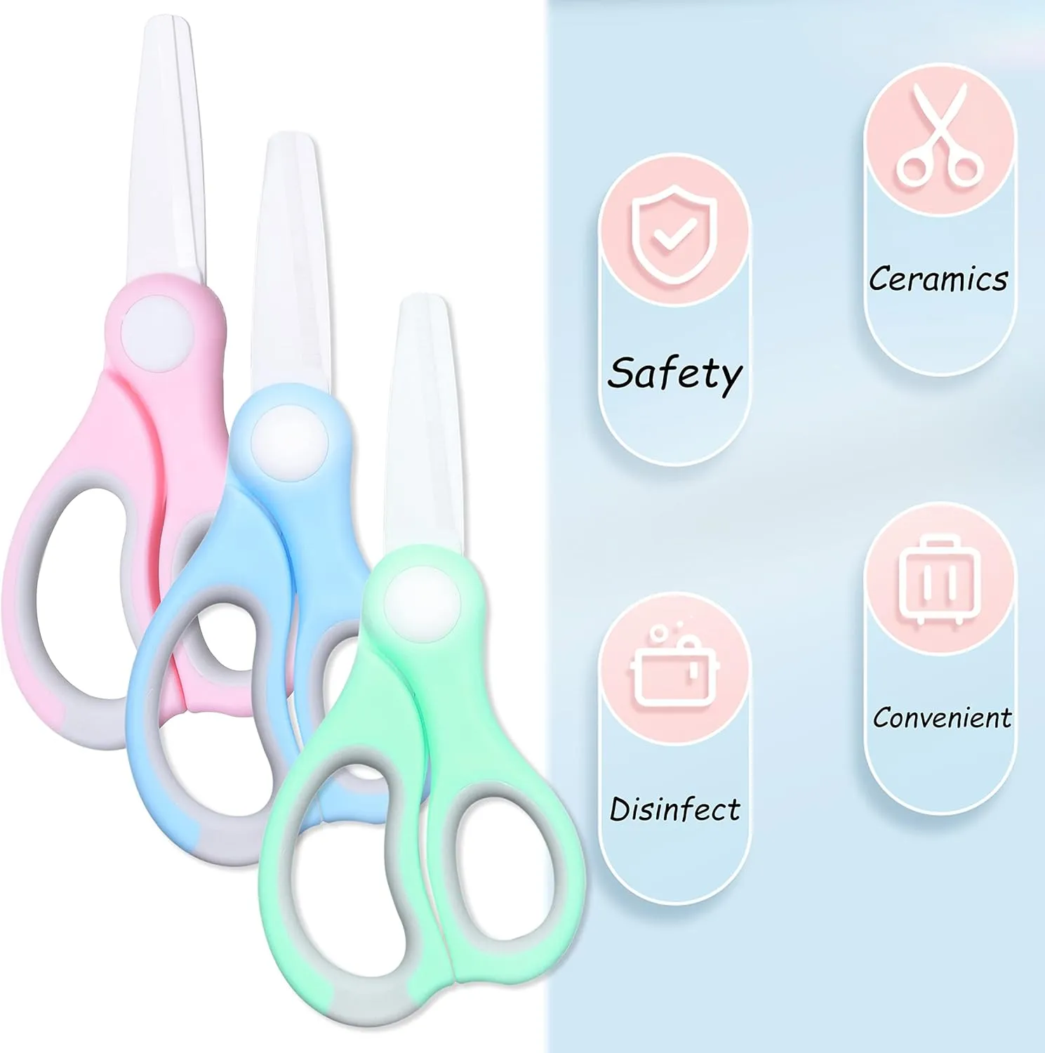 Kare & Kind 3x Ceramic Baby Food Scissors - Blue/Pink/Green - With Dust Cover and Storage Case - Cut Baby Food Easily - Ideal for Noodles, Meat, Chicken, Veggies and Fruits