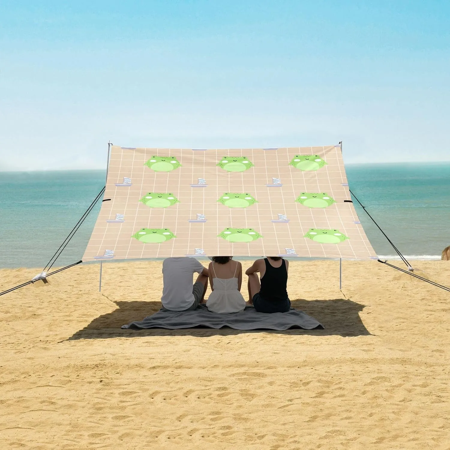 Kawaii Frogs and Boat Beach Canopy Tent Anti-UV & Wind Resistant, Camping Sun Shelter Easy Setup Portable,Outdoor Shade Tents with Sandbags,Sand Shovels,Ground Pegs & Stability Poles