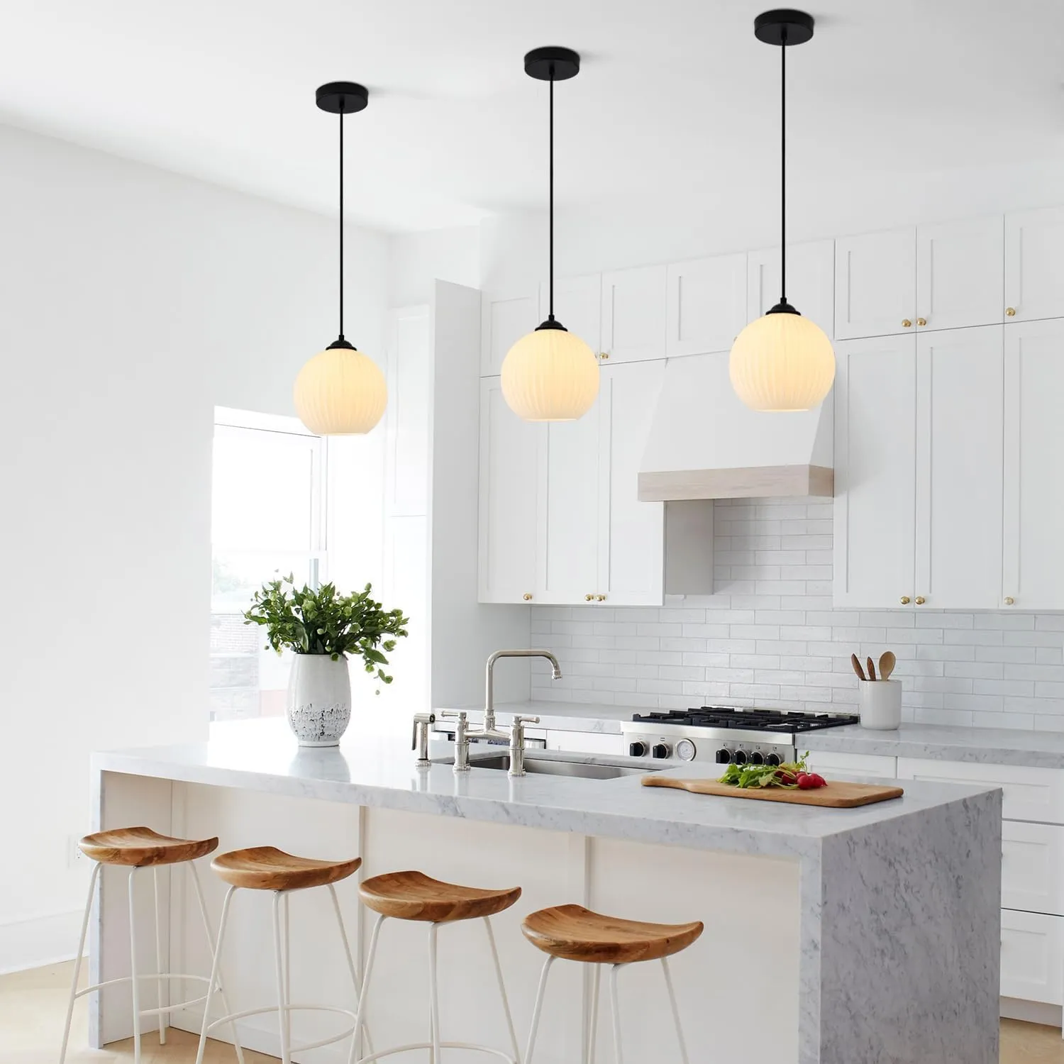 KCO Lighting Milk Glass Globe Pendant Lights Kitchen Island Industrial Vintage Ribbed Pendant Light Black Ceiling Hanging Light Fixture White Globe Pendant Light Fixture