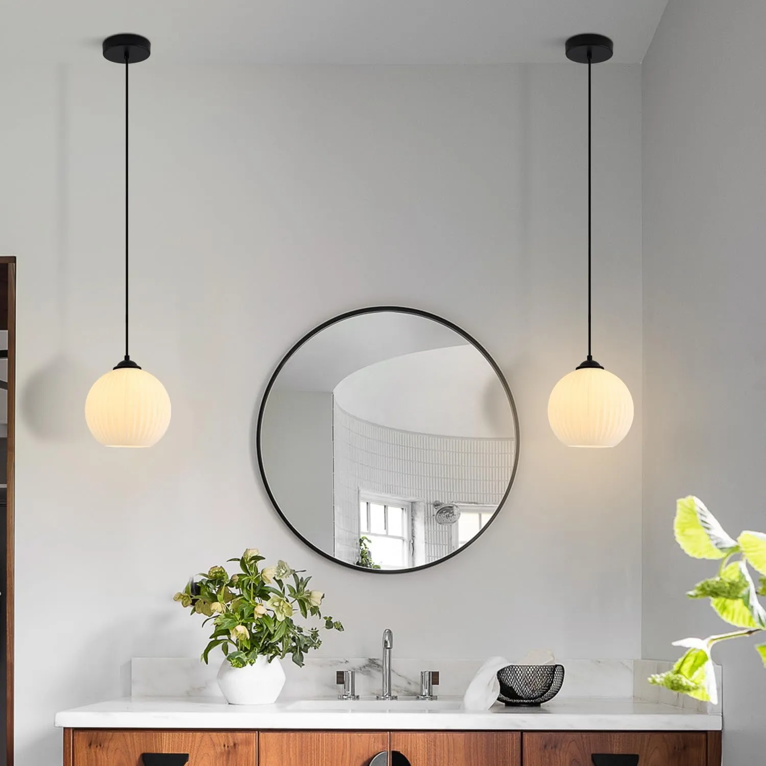 KCO Lighting Milk Glass Globe Pendant Lights Kitchen Island Industrial Vintage Ribbed Pendant Light Black Ceiling Hanging Light Fixture White Globe Pendant Light Fixture